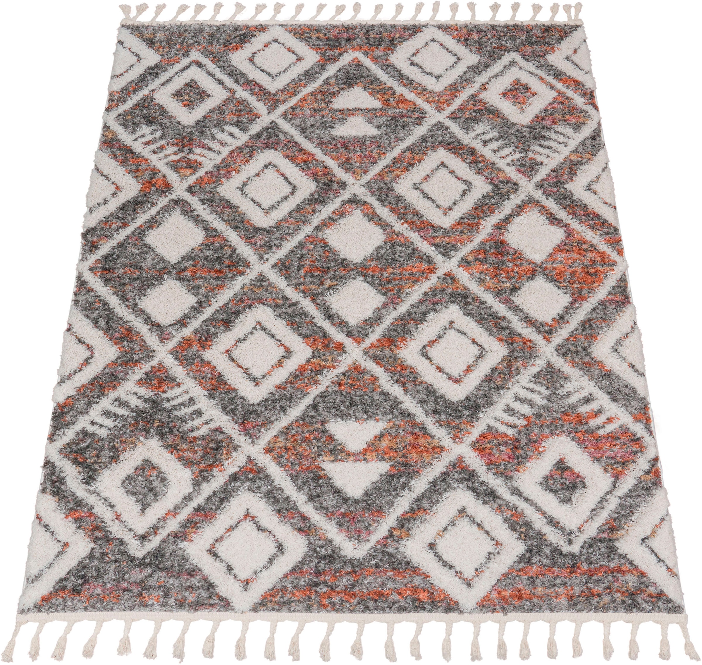 Paco Home Hochflor-Teppich »Monza 654« rechteckig 34 mm Höhe meliert, Rauten Muster, 3D-Effekt, mit Fransen