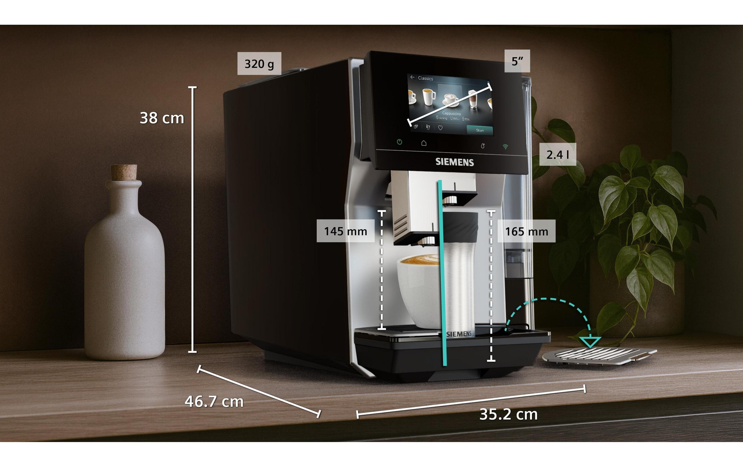SIEMENS Kaffeevollautomat »EQ700 TP725ET7, inkl. Thermo-Kaffeebecher, XL-Getränke, 20 Favoriten« farbiges Full-Touch-Display, Doppeltassenfunktion, sehr leise, silber