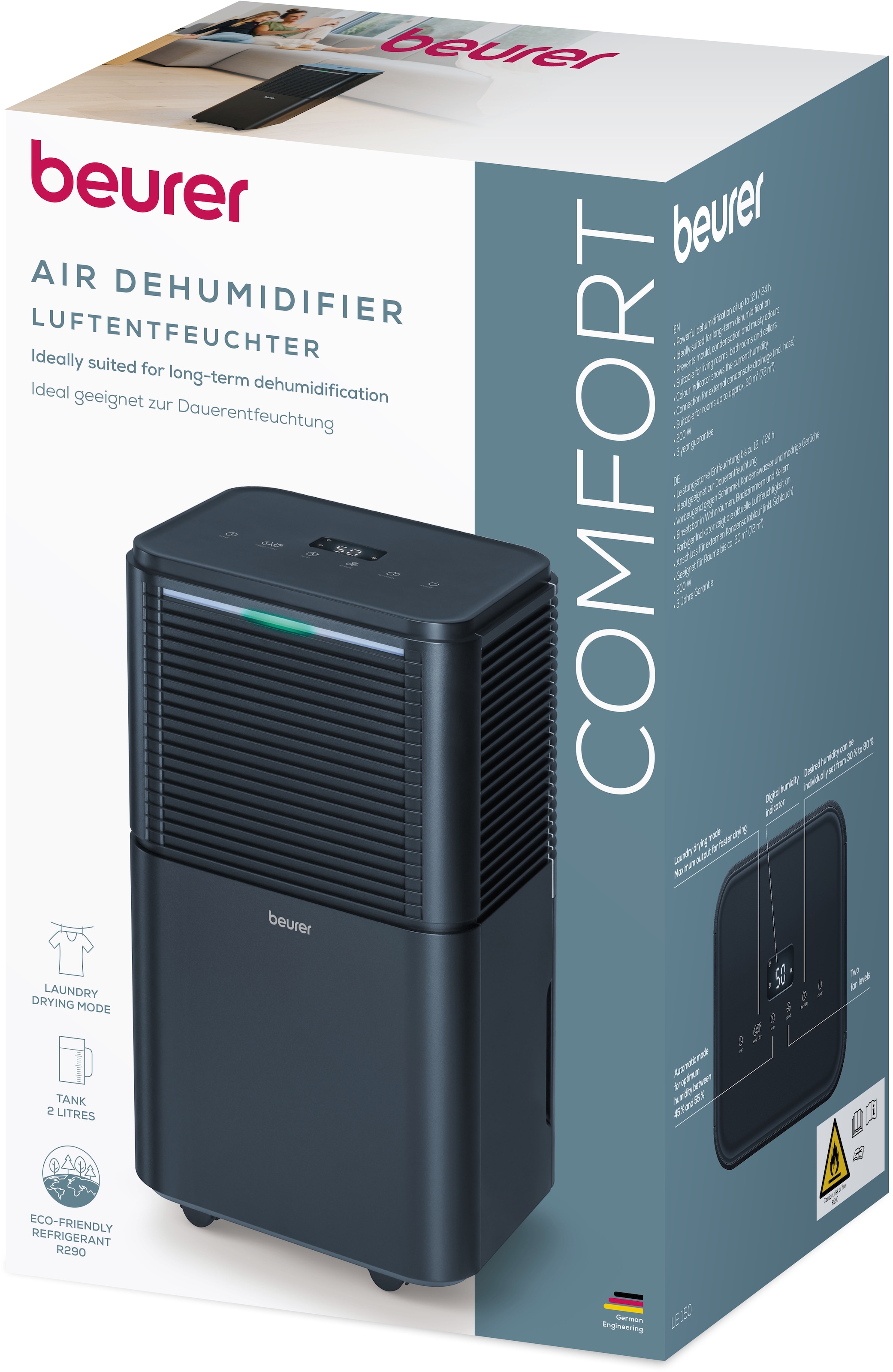 BEURER Luftentfeuchter »LE 150, leistungsstarke Entfeuchtung bis zu 12 Liter pro Tag« Entfeuchtung 12 l/Tag Tank 2 l Mit Automatikmodus, Einstellung der Wunschluftfeuchtigkeit, Nachtmodus