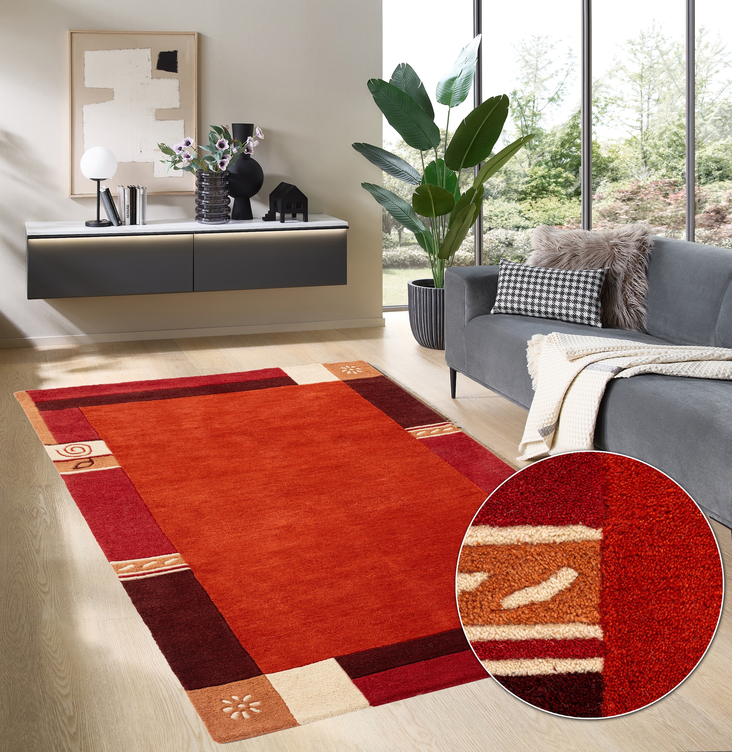 THEKO Tapis en laine »Tromso, Wolle, Handgefertigt, Bordüre mit Hoch-Tief-Effekt« Rectangulaire 15 mm Höhe Wohnzimmer, Schlafzimmer, Esszimmer