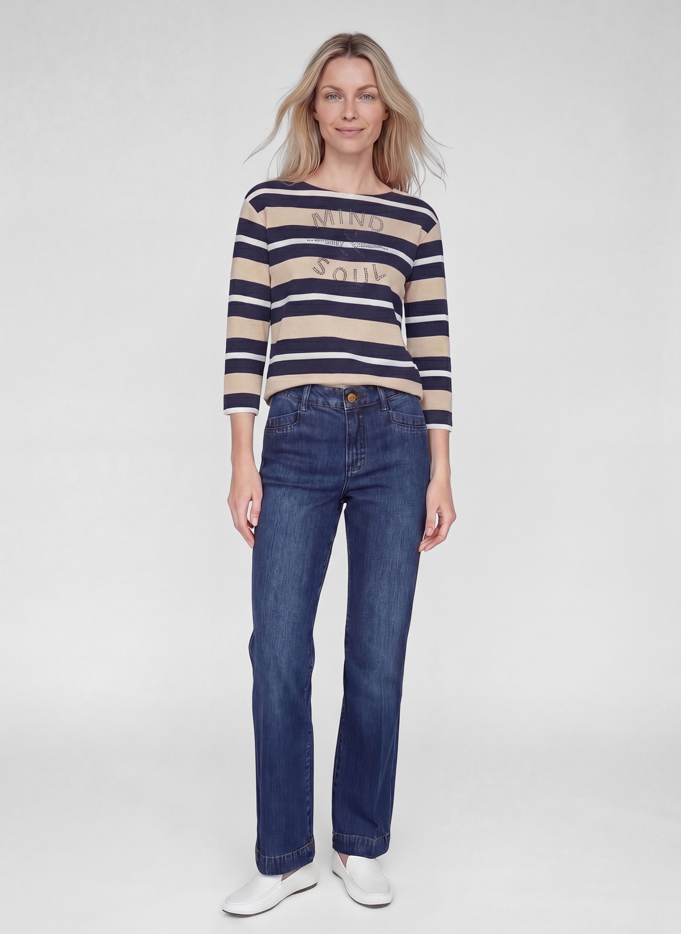 Rabe T-shirt à manches 3/4 im Streifen-Look und mit Glitzersteinen