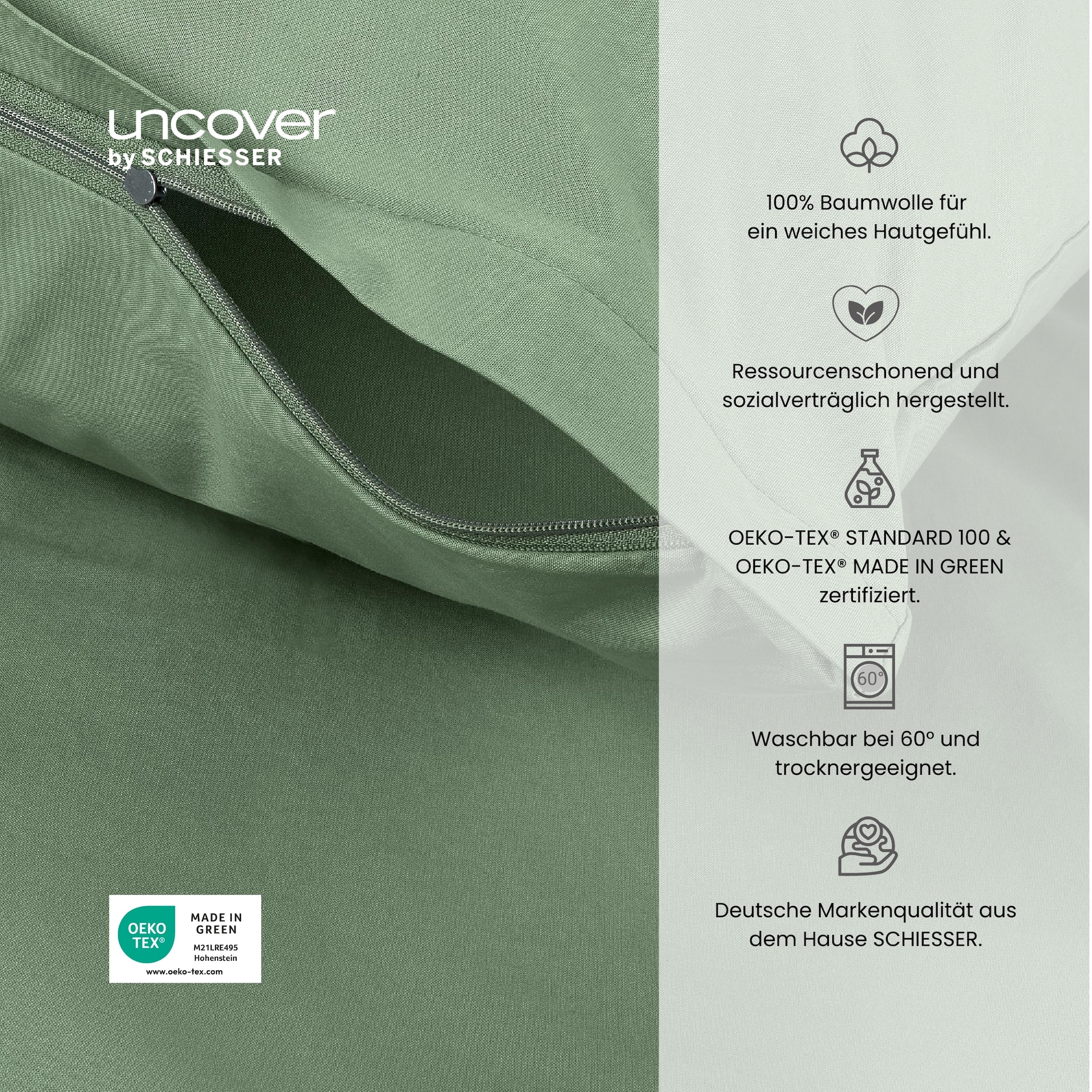 uncover by SCHIESSER Linge de lit »Soho aus weicher Baumwolle in gedeckten Uni-Farben« 2 cuis Made in Green