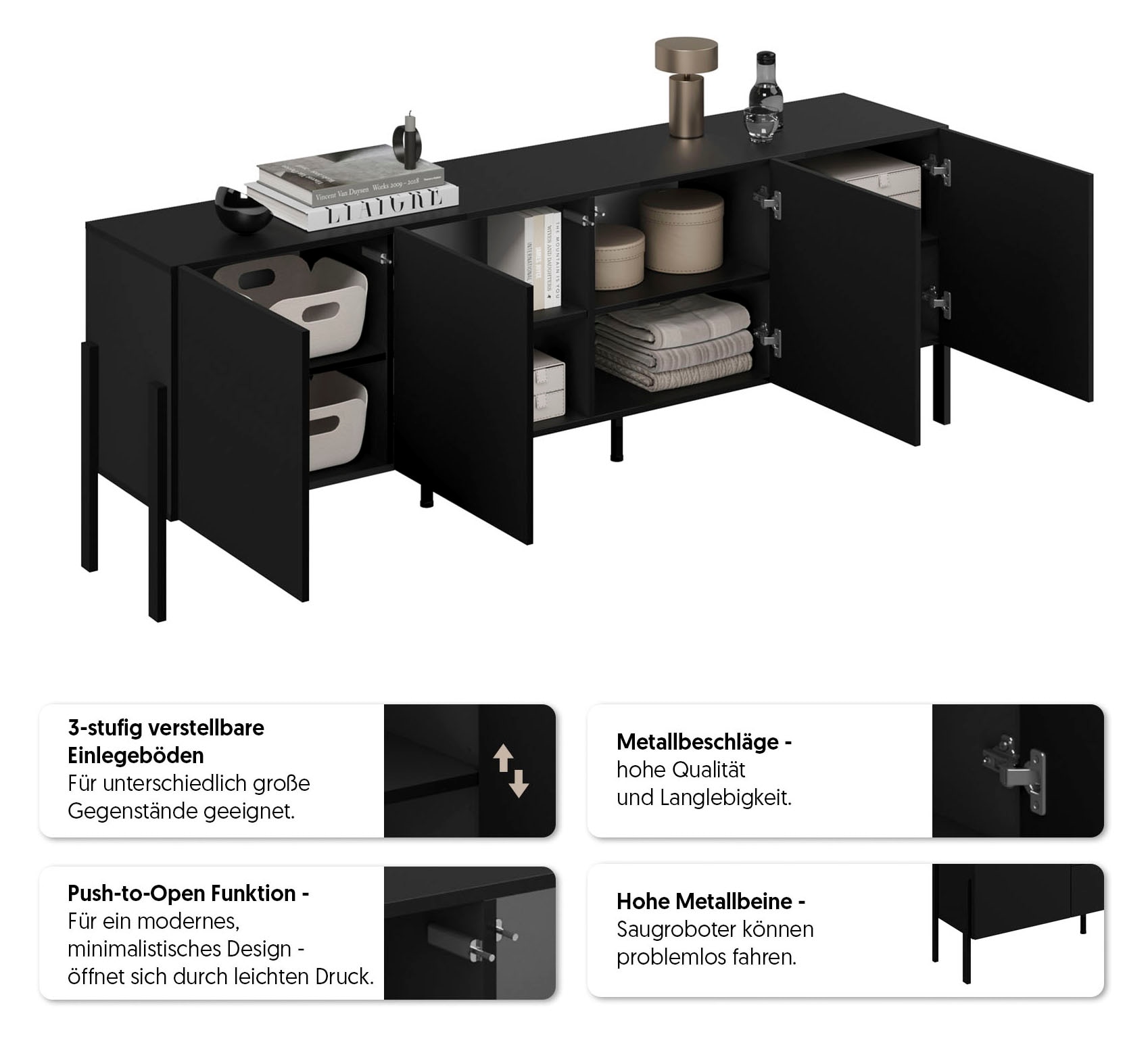GOODproduct Kommode »Jukon,Breite 200 cm, moderne grifflose Kommode,4 Türen« Sideboard, Anrichte viel Stauraum, push-to-open-Funktion