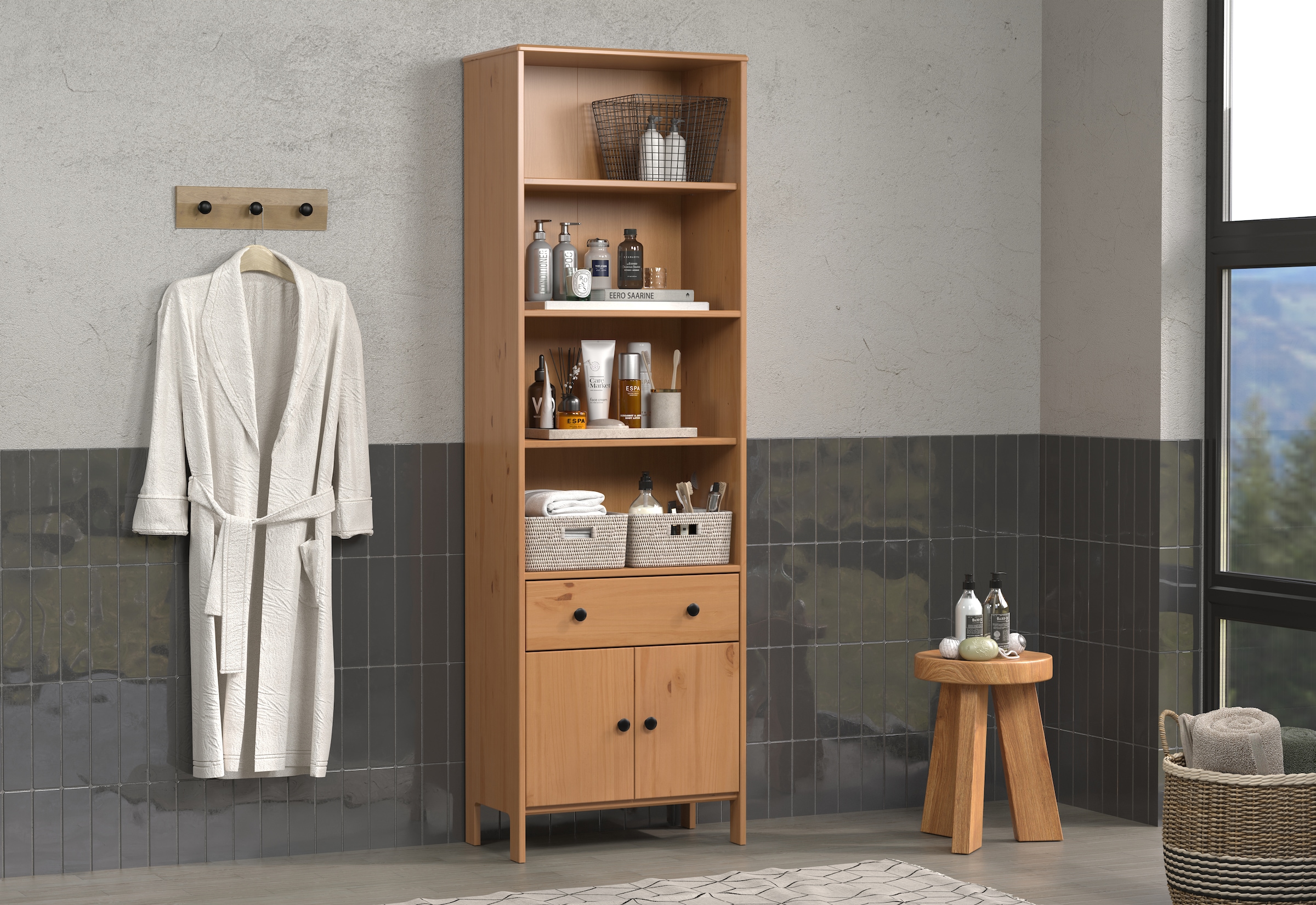 welltime Armoire haute »Kall« 1 cuis tlg. Badezimmerschrank aus Kiefer-Massivholz - Masse (B/T/H) 60/33/188 cm