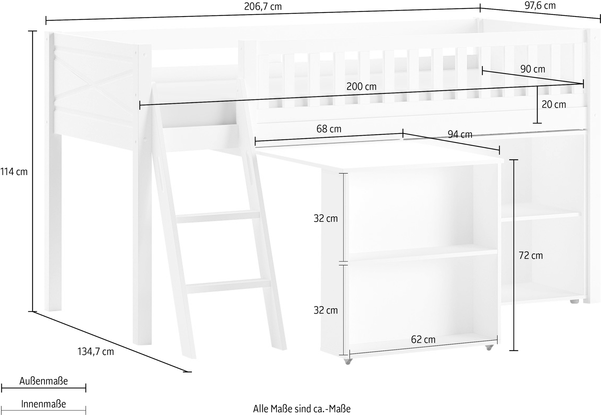 Vipack Lit de jeu Fabriqué en Europe,  beaucoup de fonctions sur petit espace, LF 90x200 cm, pin laqué blanc