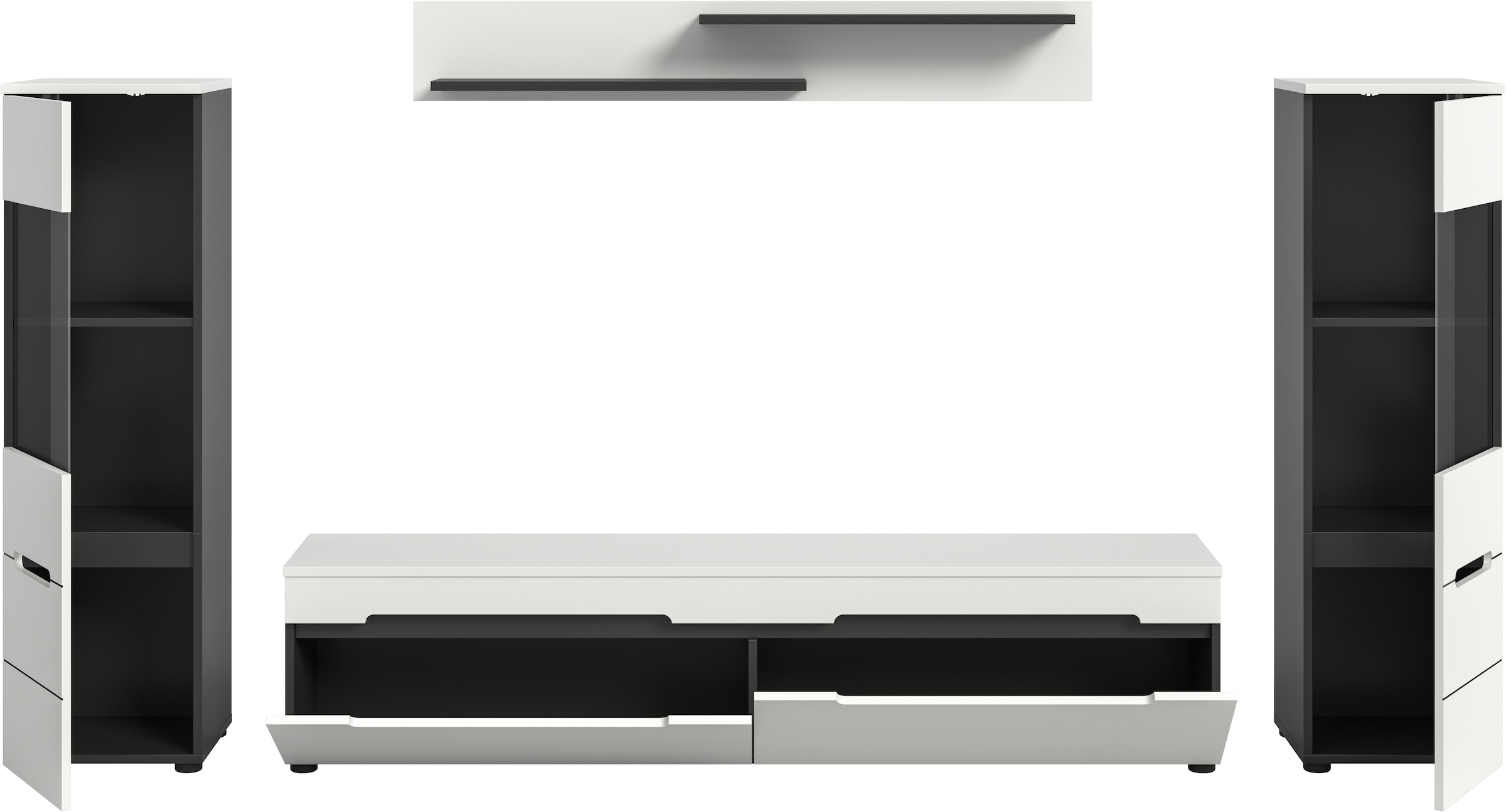 Home affaire Meuble mural »REHAT, TOPSELLER!, 4-teilig, wahlweise stehend und hängend montierbar« Set bestehend aus: 2x Vitrine, Lowboard und Wandboard, 3 cuis tlg.