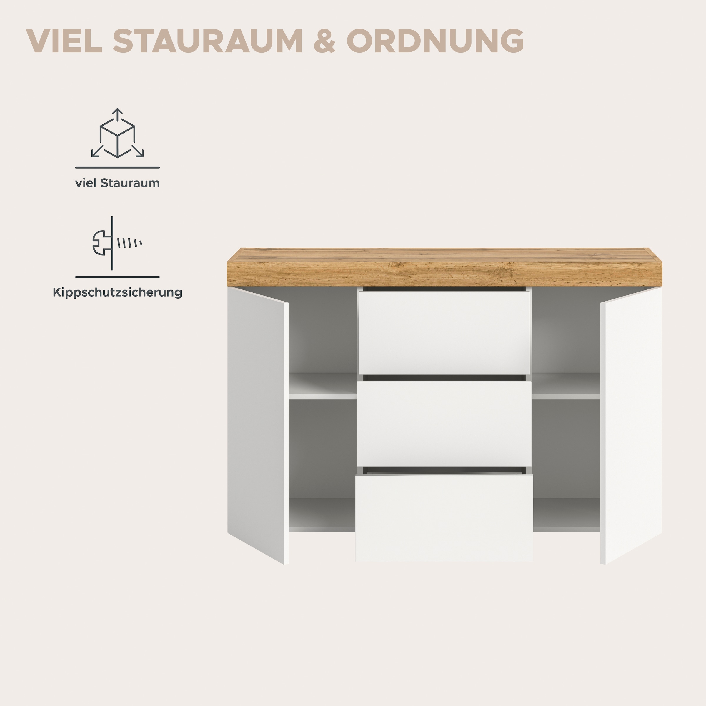 GOODproduct Sideboard »MAMBO, Breite 125cm, 2 Türen, 3 Schubkästen, push-2-open« 2 farbige Ausführung, in verschiedenen Farben erhältlich, 1 cuis tlg. Sideboard, Kommode, Wohnzimmer, Flur, Arbeitszimmer