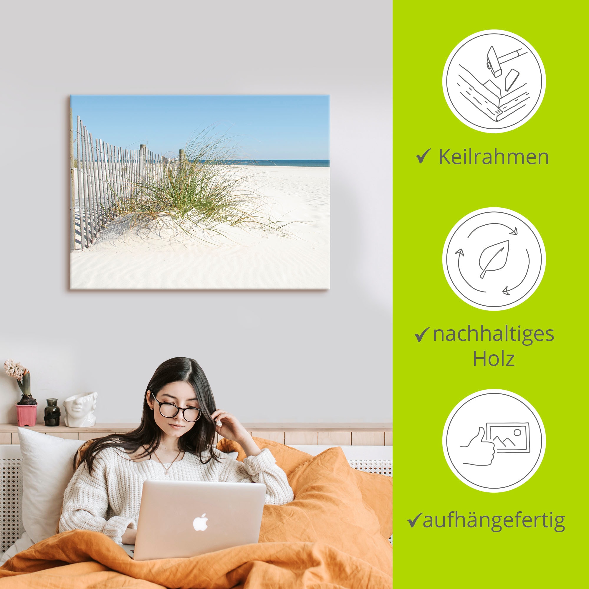 Artland Leinwandbild »Schöne Sanddüne mit Gräsern und Zaun« Strand 1 Stk. tlg. auf Holzrahmen gespannt