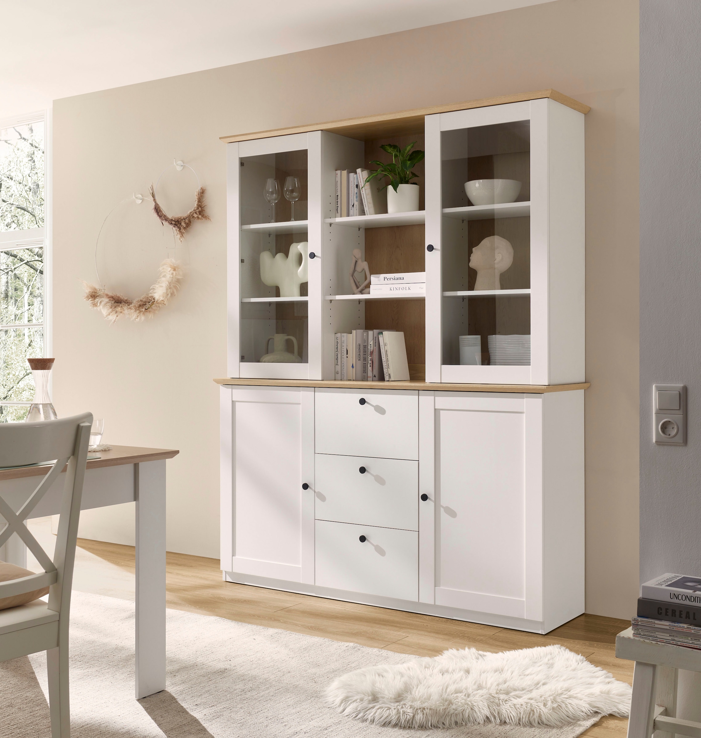 GOODproduct Buffet »Brest, Hochschrank im Landhausstil, Schrank, Küchenschrank« schwarze Metallgriffe, viel Stauraum, Glastüren, 164 cm breit