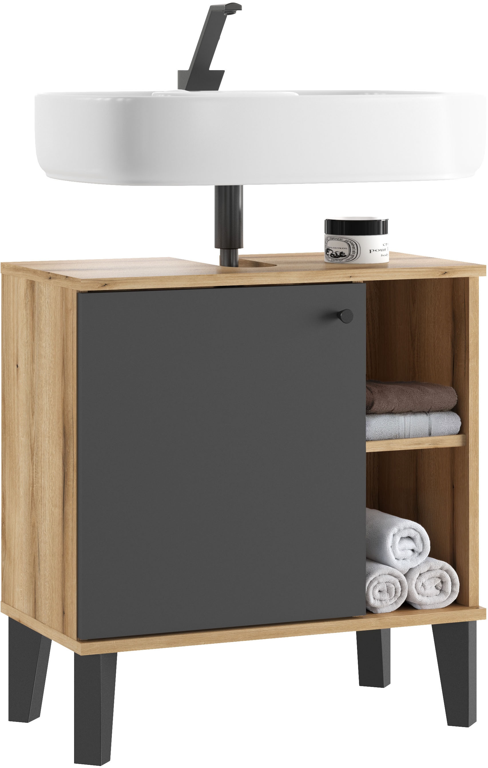 INOSIGN Waschbeckenunterschrank »Oslo, Waschtisch mit Knopfgriff, Badschrank im skandinavischen Design« in der Türfarbe Weiss oder Grau verfügbar, ausreichend Stauraum