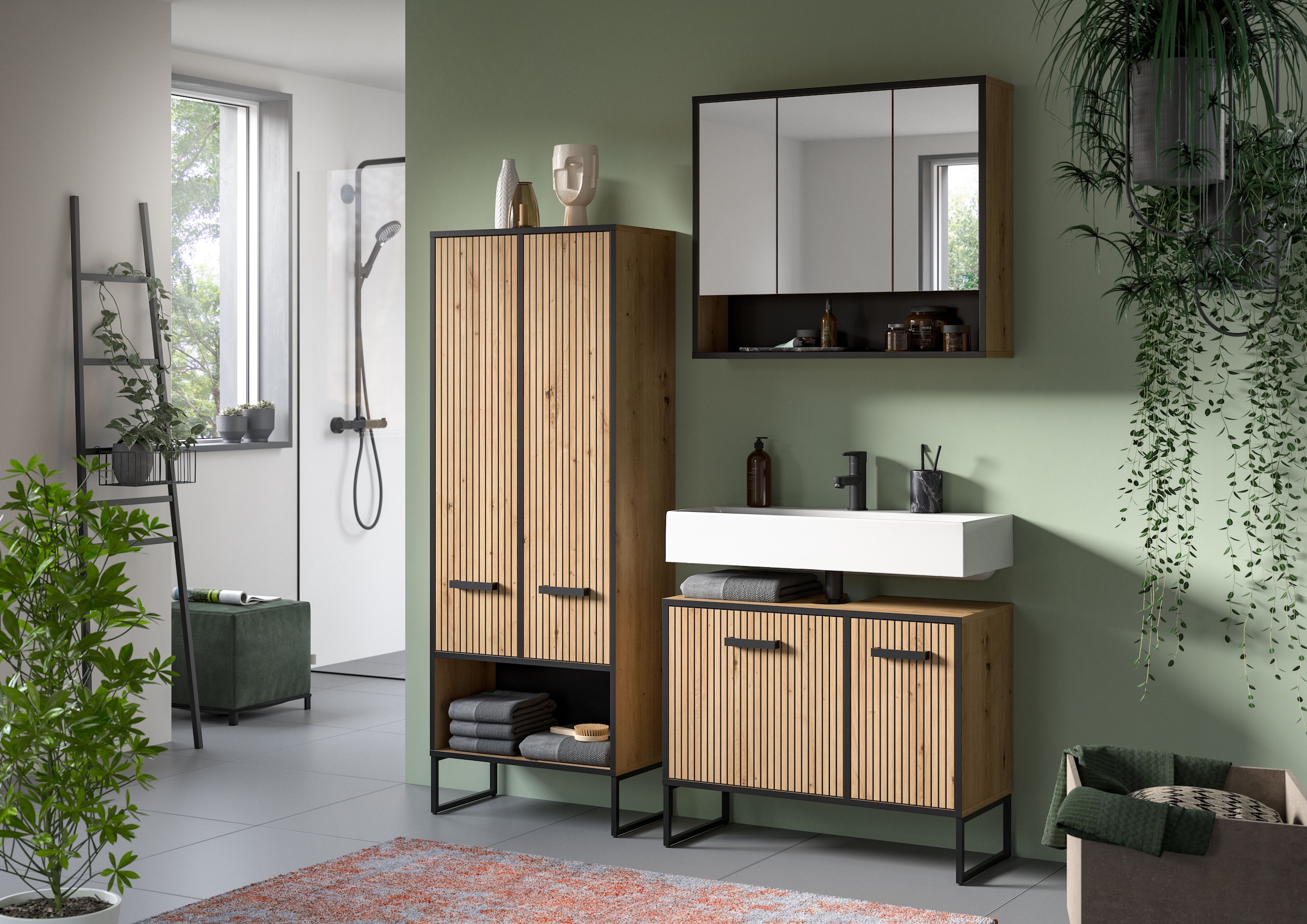 welltime Badmöbel-Set »LOCRI, 4-tlg. Badkombination, Breite 199 cm, Rillenoptik, Metallkufen« bestehend aus: Hochschrank, WBU, Spiegelschrank & Standschrank, 4 Stk. tlg.