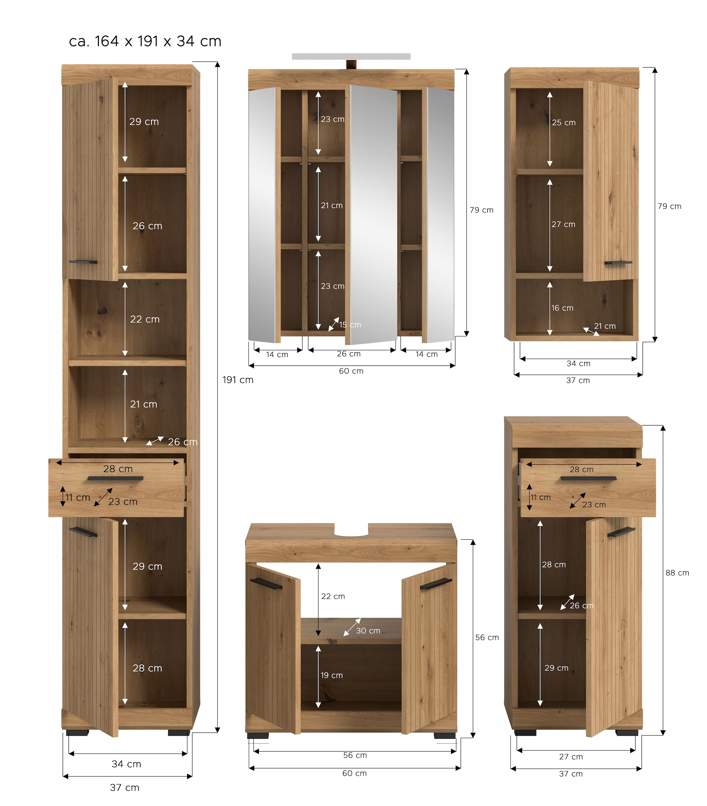welltime Badmöbel-Set »SIENA, 5 teilig, inklusive LED Beleuchtung, bestehend aus:« Set, TOPSELLER!, 5 Stk. tlg.