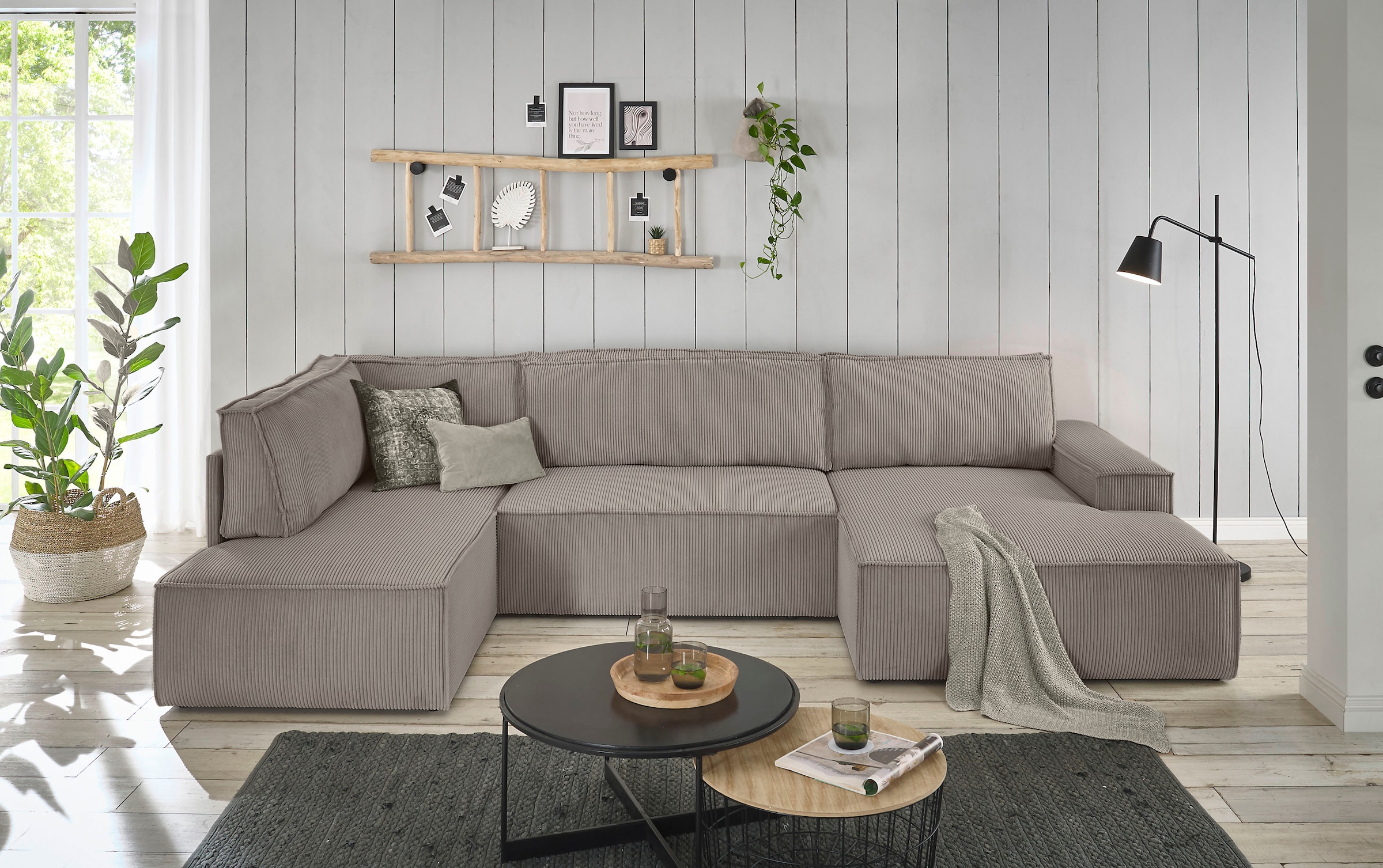 Home affaire Wohnlandschaft »SHERWOOD  329 cm, U-Form, Schlafsofa,« Schlaffunktion m. Bettkasten (194x139 cm), Cord, Vintage, Samtvelours