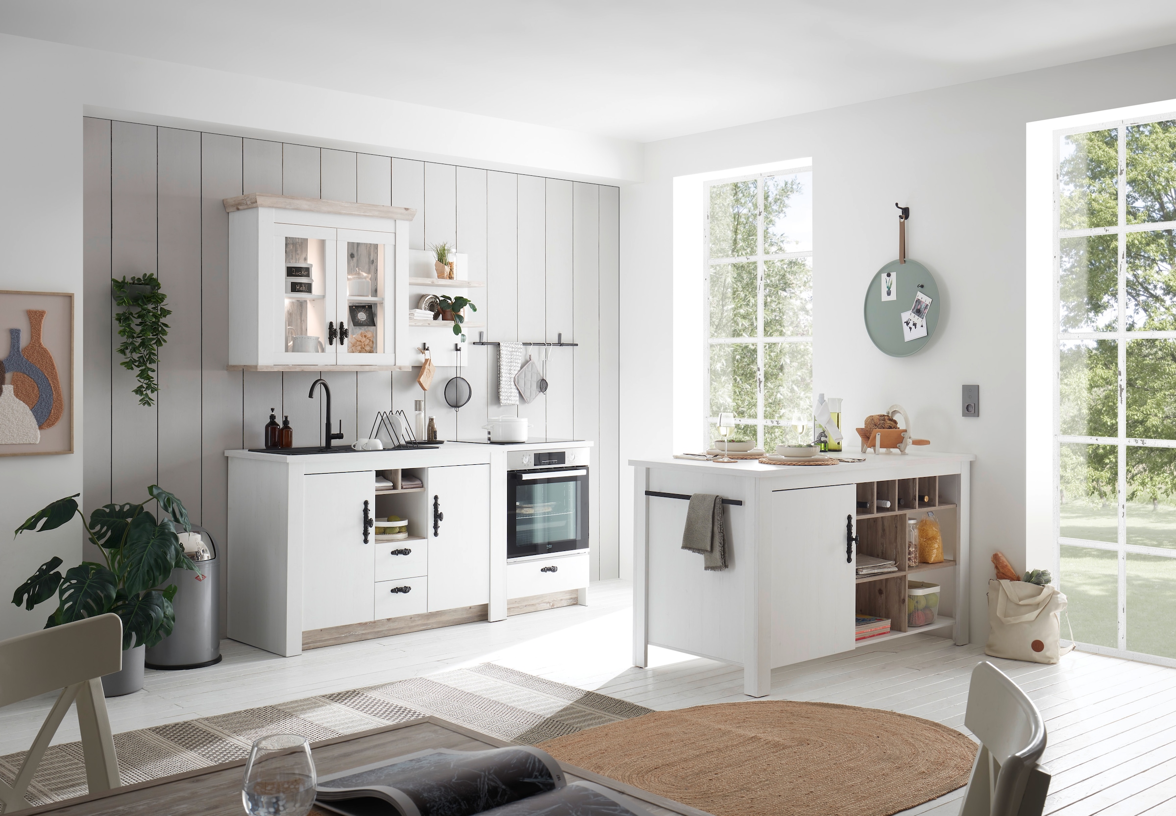 Home affaire Küchenzeile »Florenz, Küche in Pinie Weiss, mit Herdumbau, ohne E-Geräte« Set,  Breite 191 cm, mit verschnörkelten Metallgriffen, Arbeitshöhe 92 cm