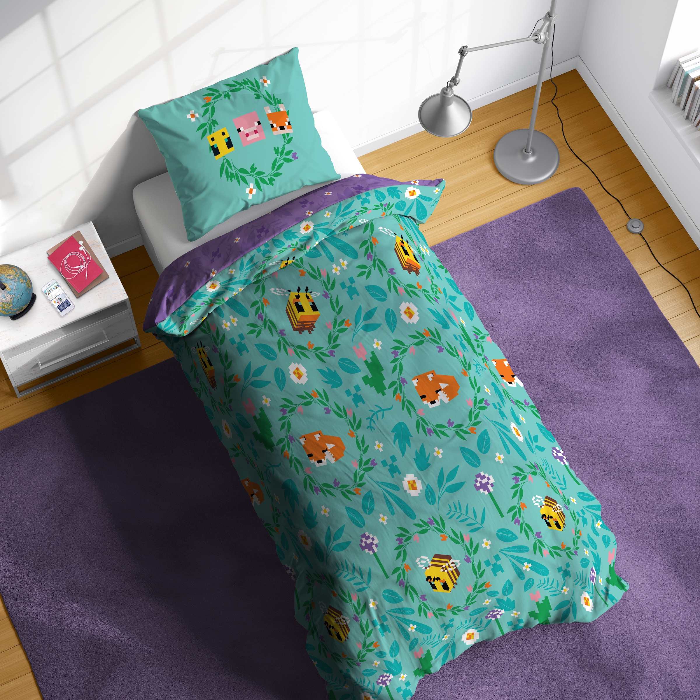 Minecraft Linge de lit pour enfants »Minecraft Bettbezug-Set  135x200 cm + Kissenbezug 80x80 cm« 2 pièces 100 % coton, lavable en machine, réversible