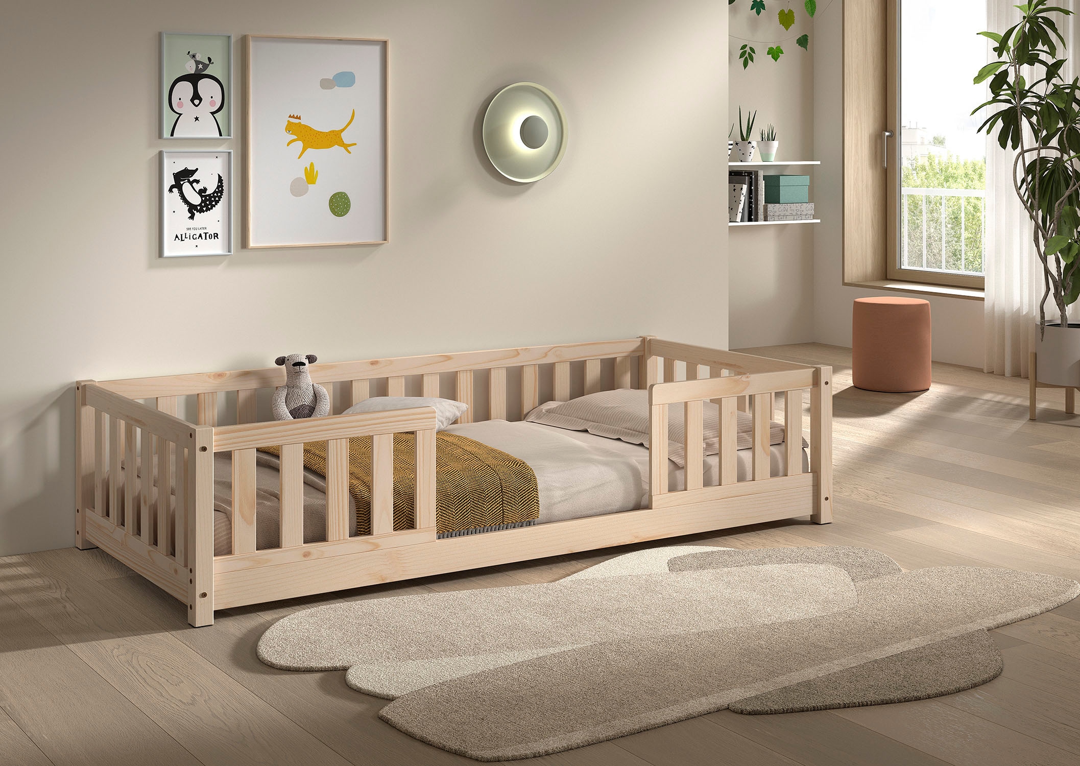 Vipack Lit d'enfant »Dallas, massiv Bett, Rausfallschutz, umbaubar vom Boden- zum Daybett« Incl. sommier à lattes roulantes et cadre à barreaux, largeur 90 ou 140x200 cm,  construction stable et solide, en pin massif naturel ou blanc au choix