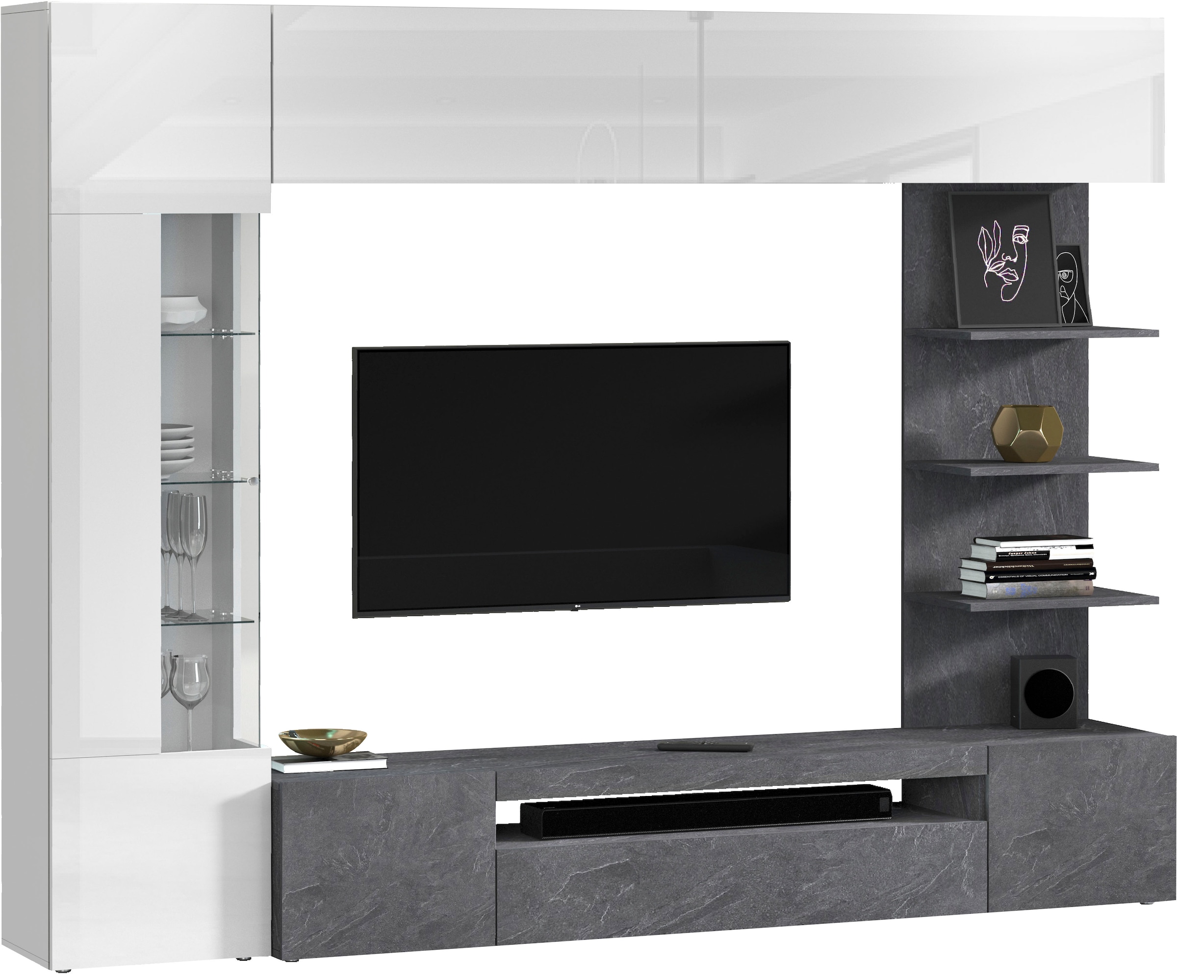 GOODproduct Meuble mural »Wohnwand New Egypt, Anbauwand, Medienwand, Wohnzimmerwand« Blanc laqué, toutes les autres couleurs en finition mate., 4 cuis tlg.