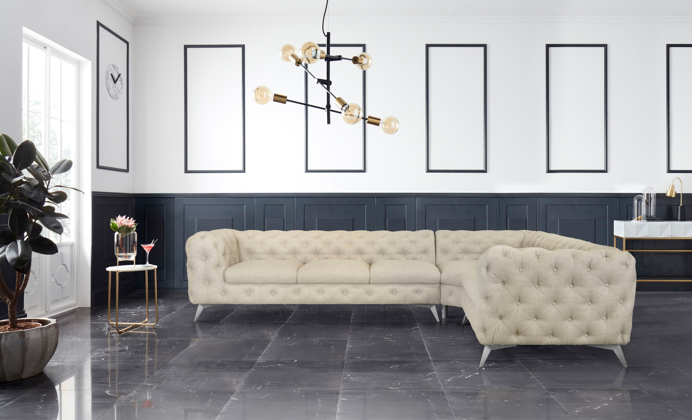 Home affaire Chesterfield-Sofa »Ecksofa GLYNIS L-Form mit Wellenunterfederung, Masse B/T/H 323/264/75cm« aufwändige Knopfheftung, moderne Chesterfield Optik, Fussfarbe wählbar