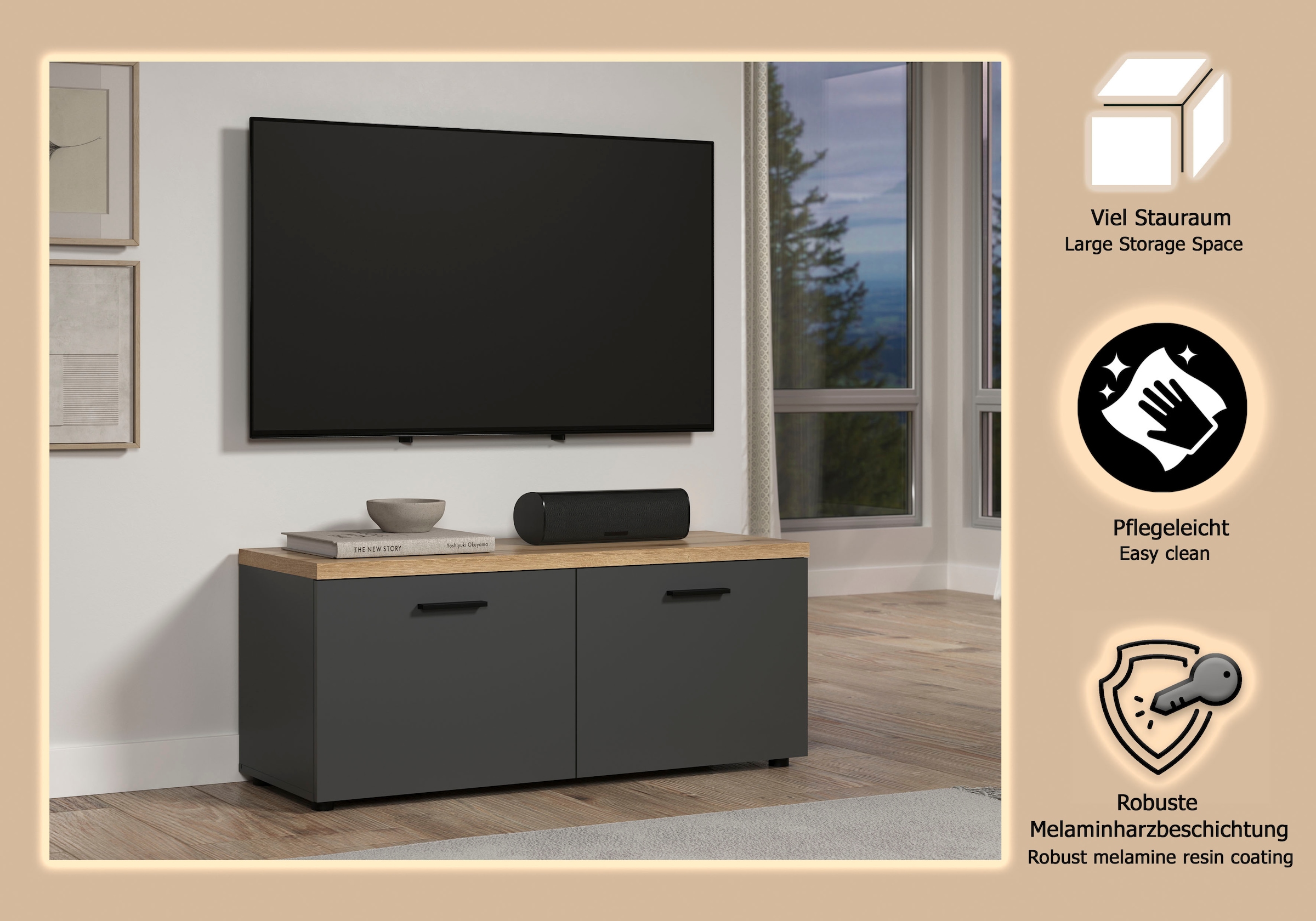 Home affaire Table basse »Bajo« 1 cuis tlg. meuble TV bas avec 2 portes et 2 étagères – (L/P/H) 120/40/50 cm