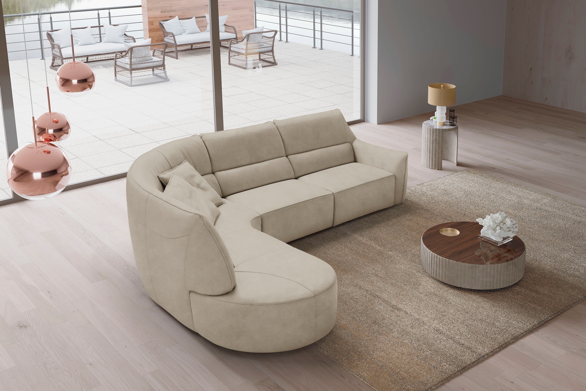 Egoitaliano Canapé d'angle »Puffy, extravagant & edel, Retro Designsofa, hoher Sitzkomfort, L-Form« mit Ottomane, wahlweise mit und ohne elektrischer Relaxfunktion