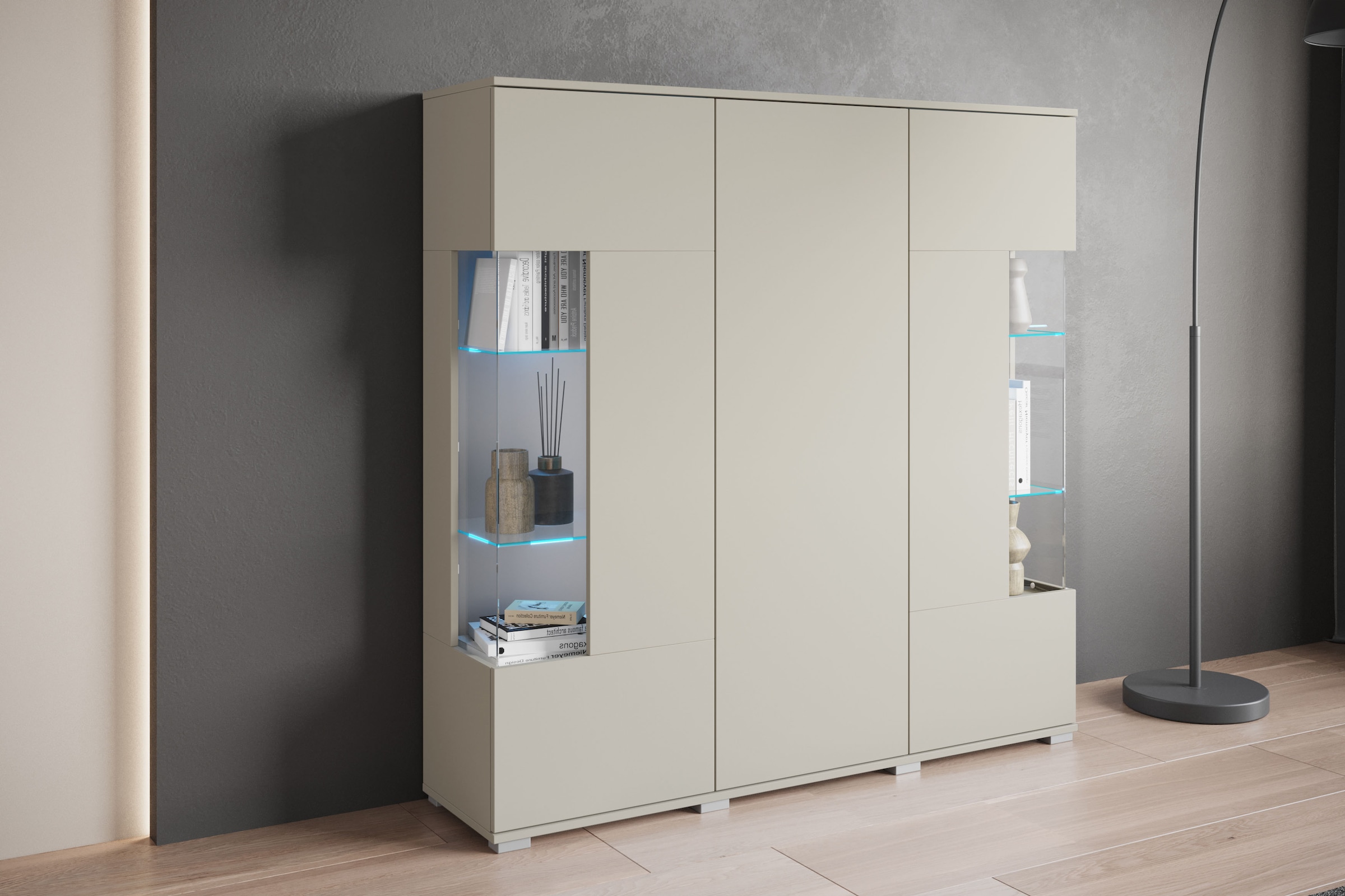 GOODproduct Buffet haut »Kenia« 1 cuis tlg. Buffet moderne, avec portes en verre, largeur 135 cm