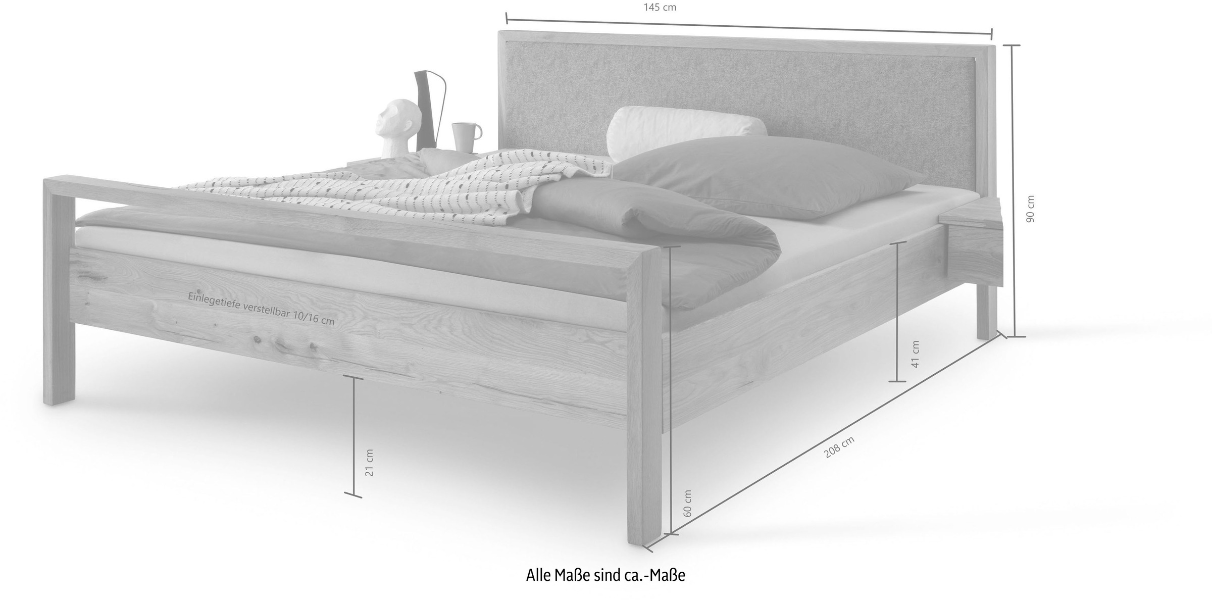 Home affaire Massivholzbett »Huven, hohe Belastbarkeit: 200kg je Seite« in 4 Breiten, Einlasstiefe 16 oder 20cm,  mit gepolstertem Kopfteil, aus massiver Eiche, Oberfläche geölt