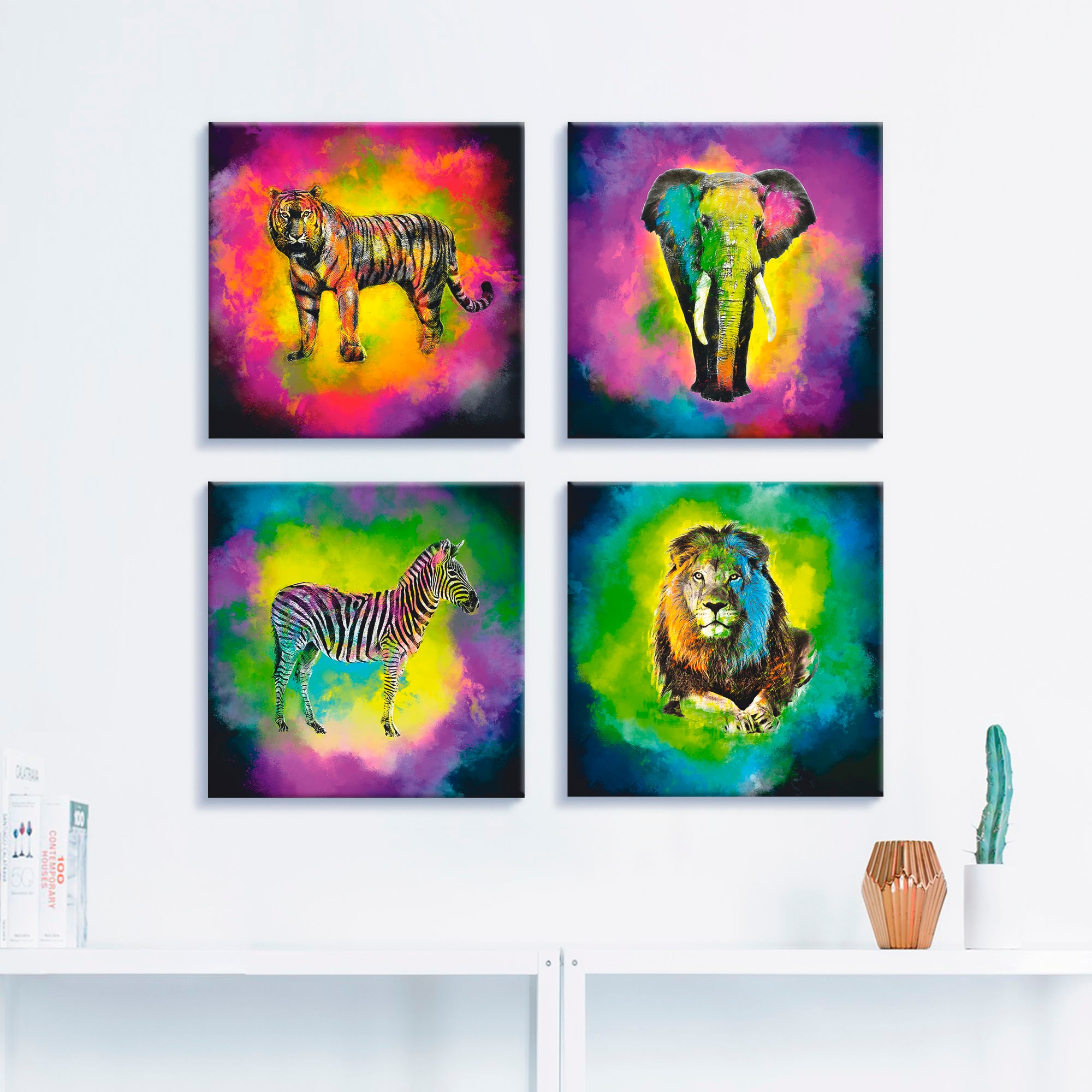 Artland Tableau sur toile »Farbexplosion Elefant Löwe Zebra Tiger« 4 cuis tlg. 4er Set, verschiedene Grössen