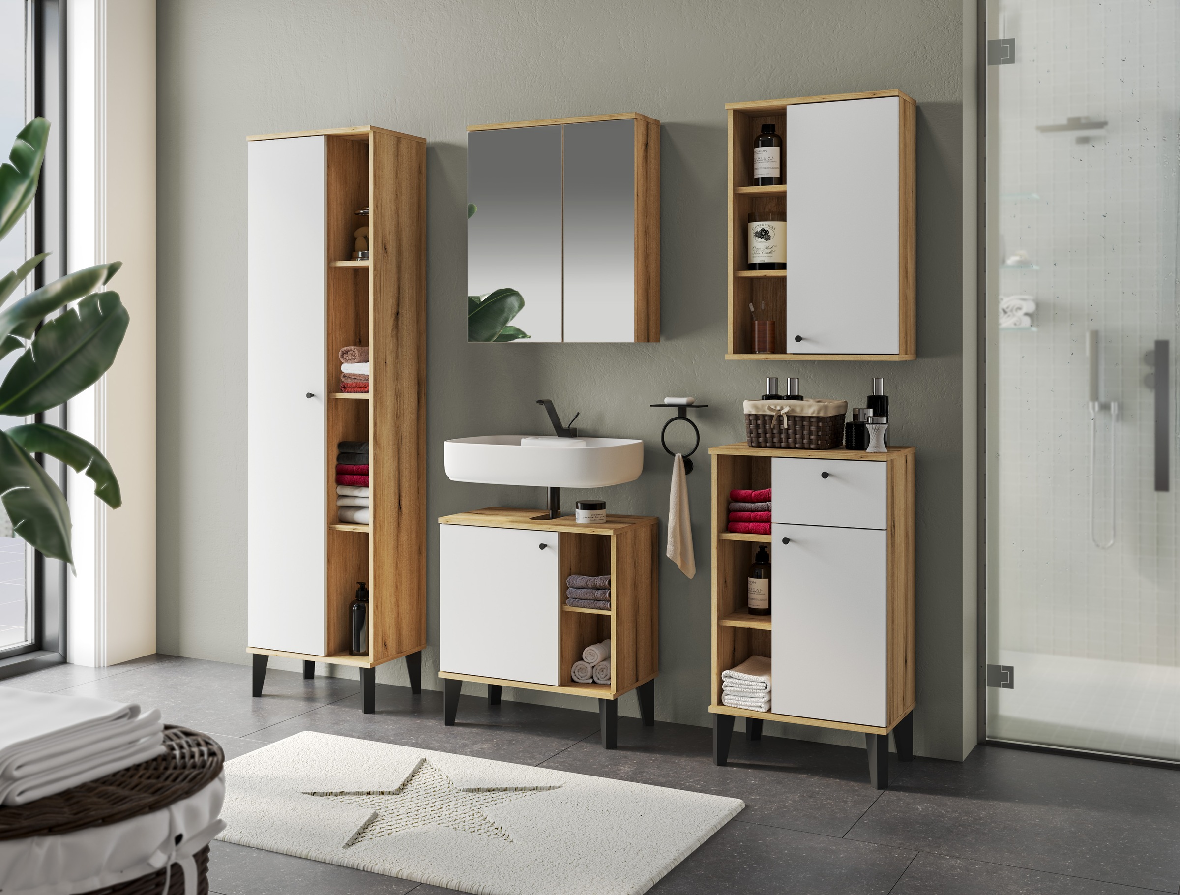 Home affaire Badmöbel-Set »OSLO, Bad im skandinavischen Design, 5-teiliges Badezimmer« Set, 5 Stk. tlg.