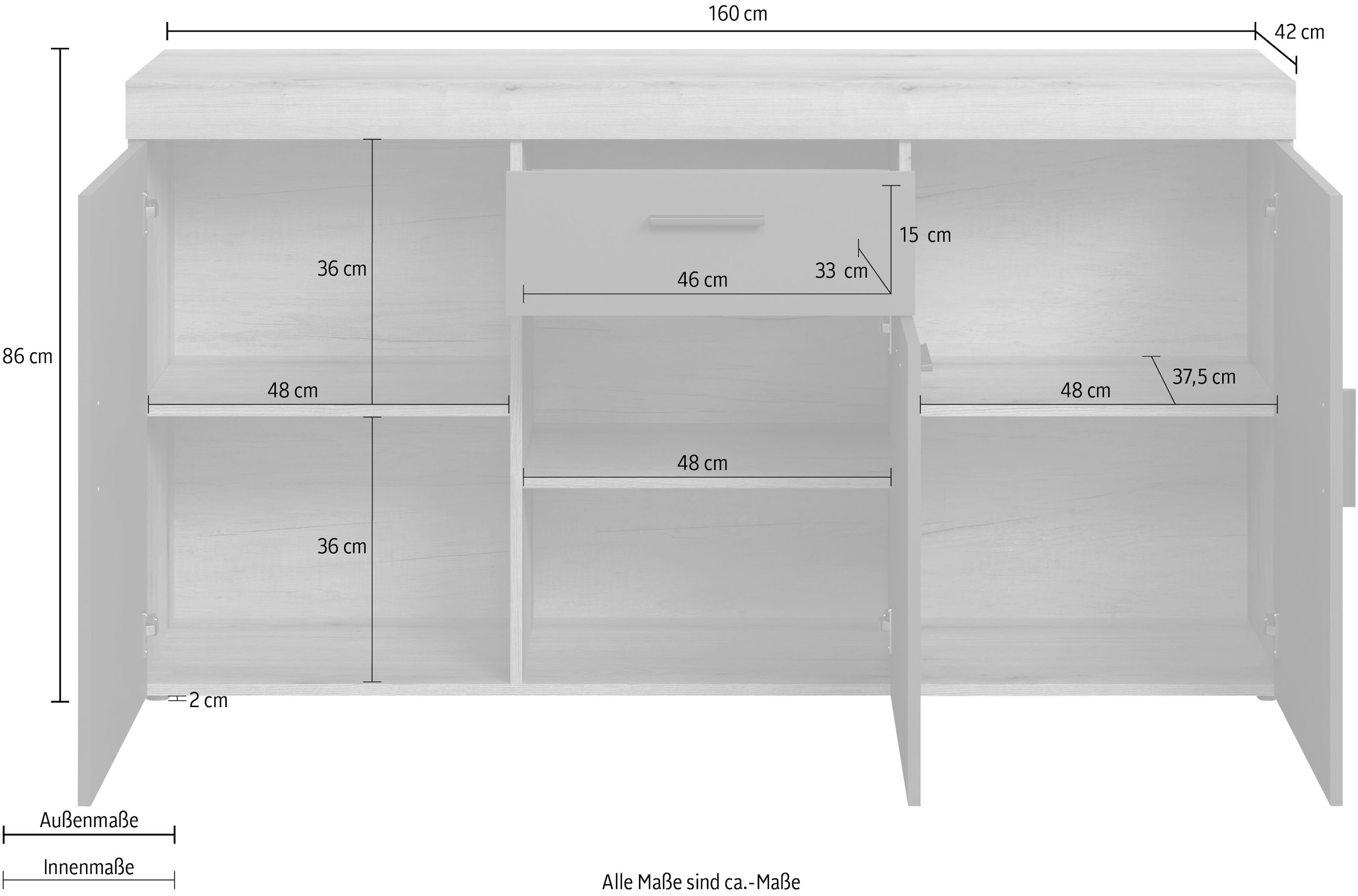 Home affaire Sideboard »Ghent« Packung, 1 cuis tlg. Sideboard mit 3 Türen & 1 Schublade - (B/T/H) 160/42/86 cm