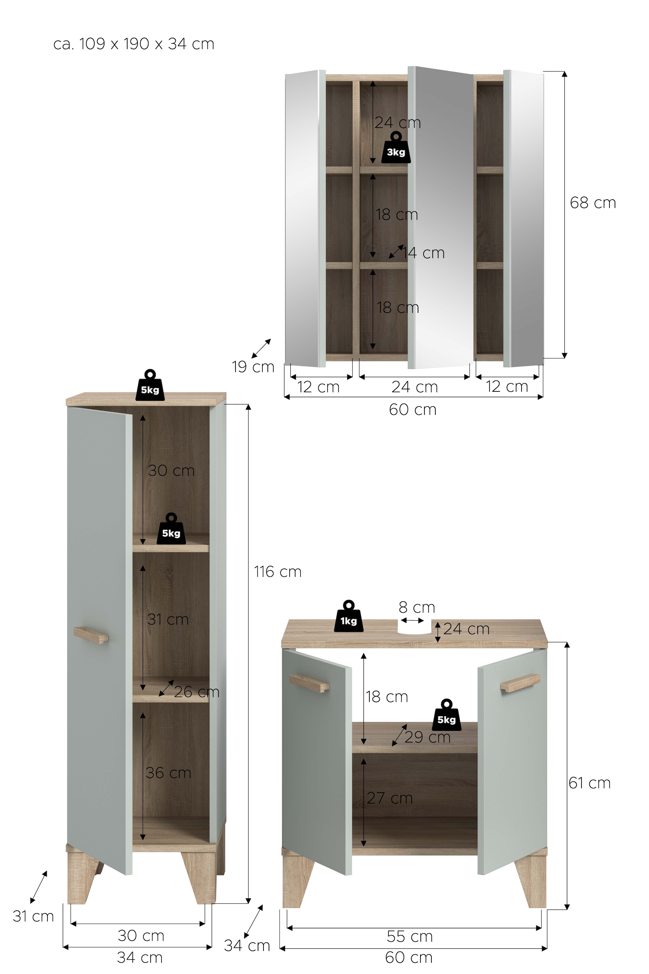 welltime Ensemble de meubles de salle de bain »MINTTU, 3-teilige moderne Badkombination im SCANDI-Look« bestehend aus: Midischrank, Waschbeckenunterschrank & Spiegelschrank, 3 cuis tlg.