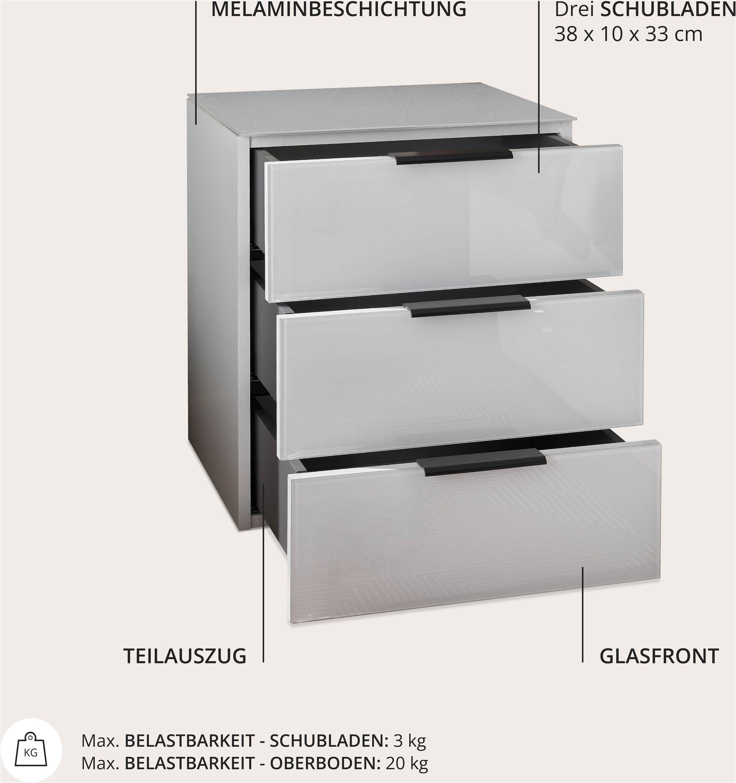 Schlafkontor Table de nuit »Pari Nachtkonsole, Nachtschrank, Nachttisch« mit 3 Schubkastenfronten aus Glas
