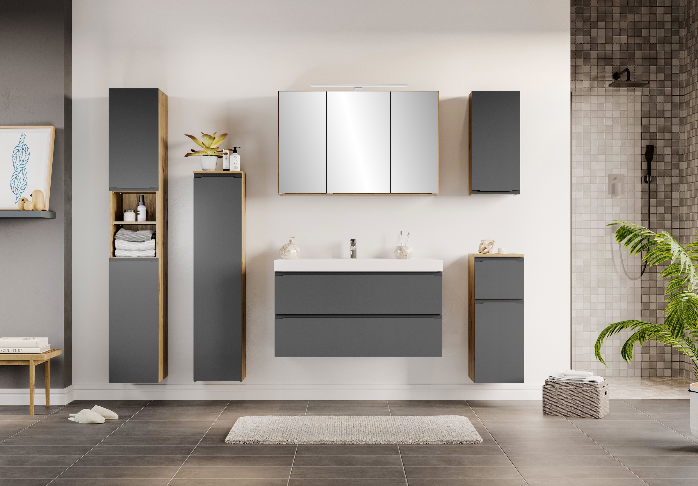 welltime Midischrank »CABO, gedämpfte Scharniere« matt grau, griffloses Design, reversibel
