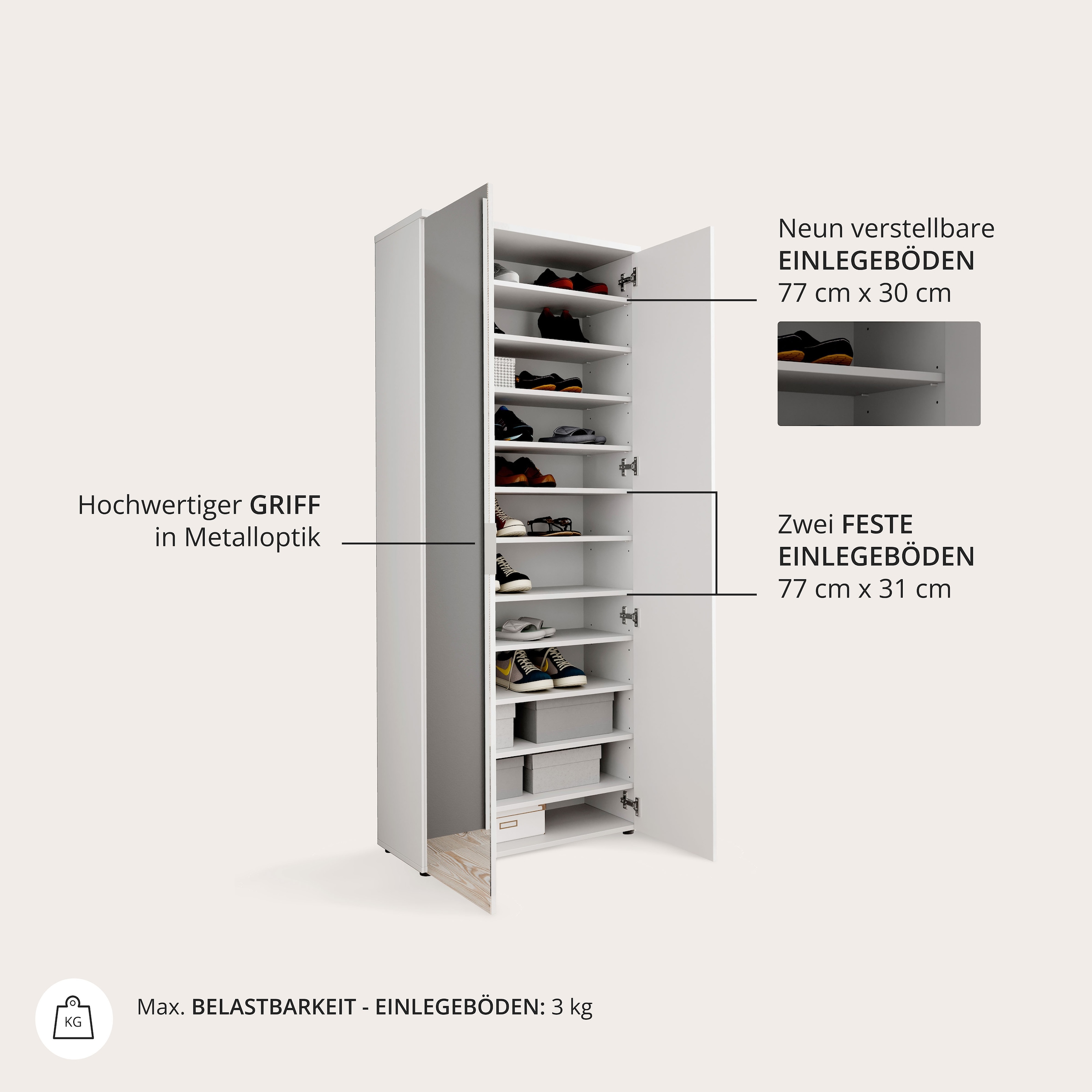 HBZ Armoire à chaussures »Lincoln mit Spiegel, BxHxT 80x190x35 cm« 1 cuis tlg. Schuhschrank mit 2 Spiegeltüren, 9 Einlegeböden, 2 feste Böden