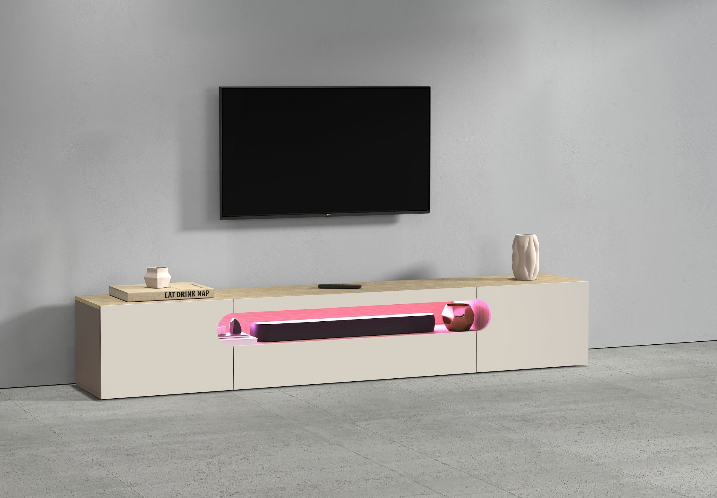 INOSIGN Table basse »REAL TV-Möbel, 240 cm breit, 40/60 cm hoch, Hochglanz oder matt« mit 2 abgerundeten Türen, 1 Klappe, die ein ovales offenes Fach bilden