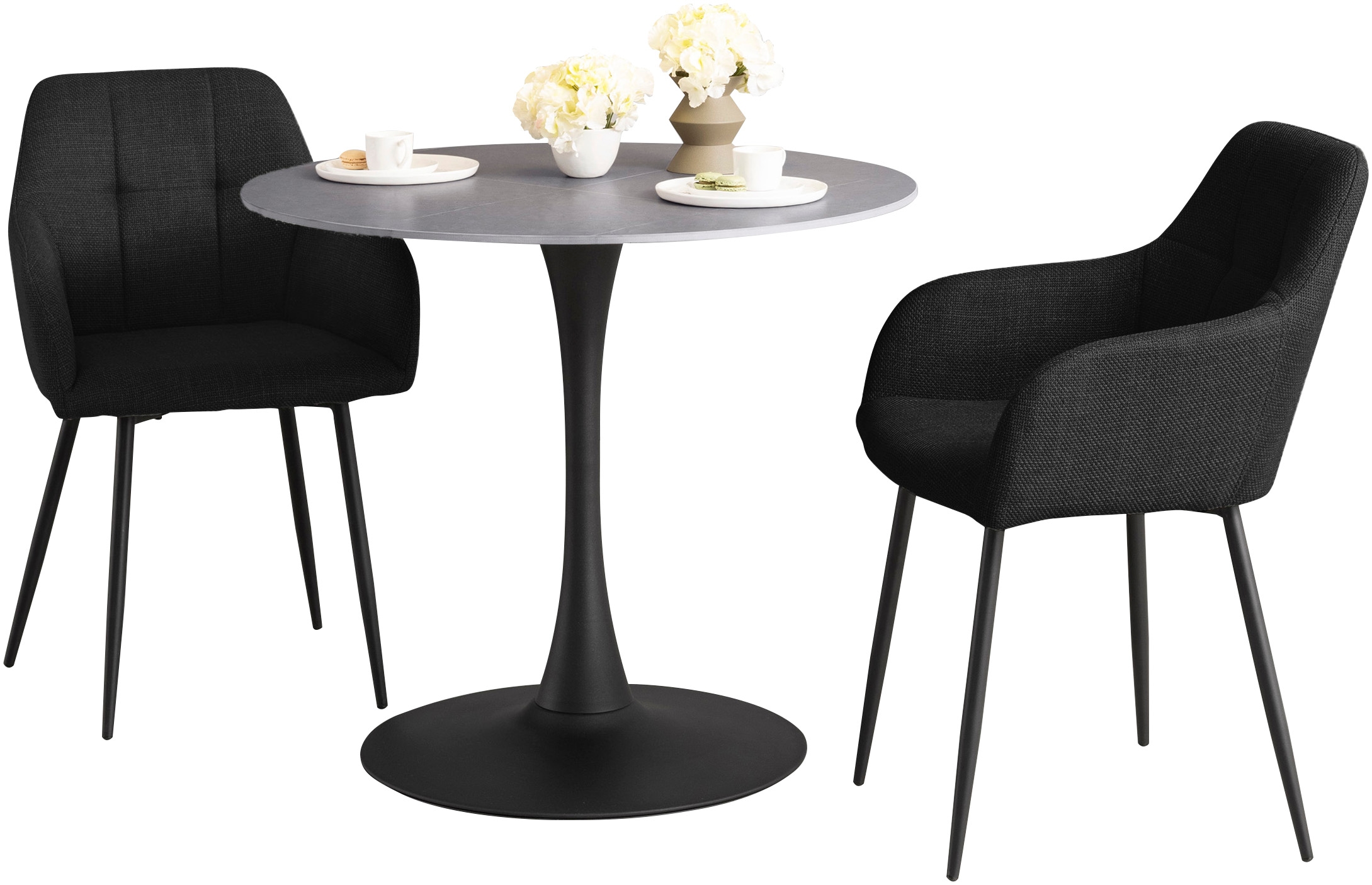 HELA Essgruppe »MOSEL« 3 Stk. tlg. Tisch 90x75 cm, Platte rund, gesinterter Stein, Armlehnenstuhl