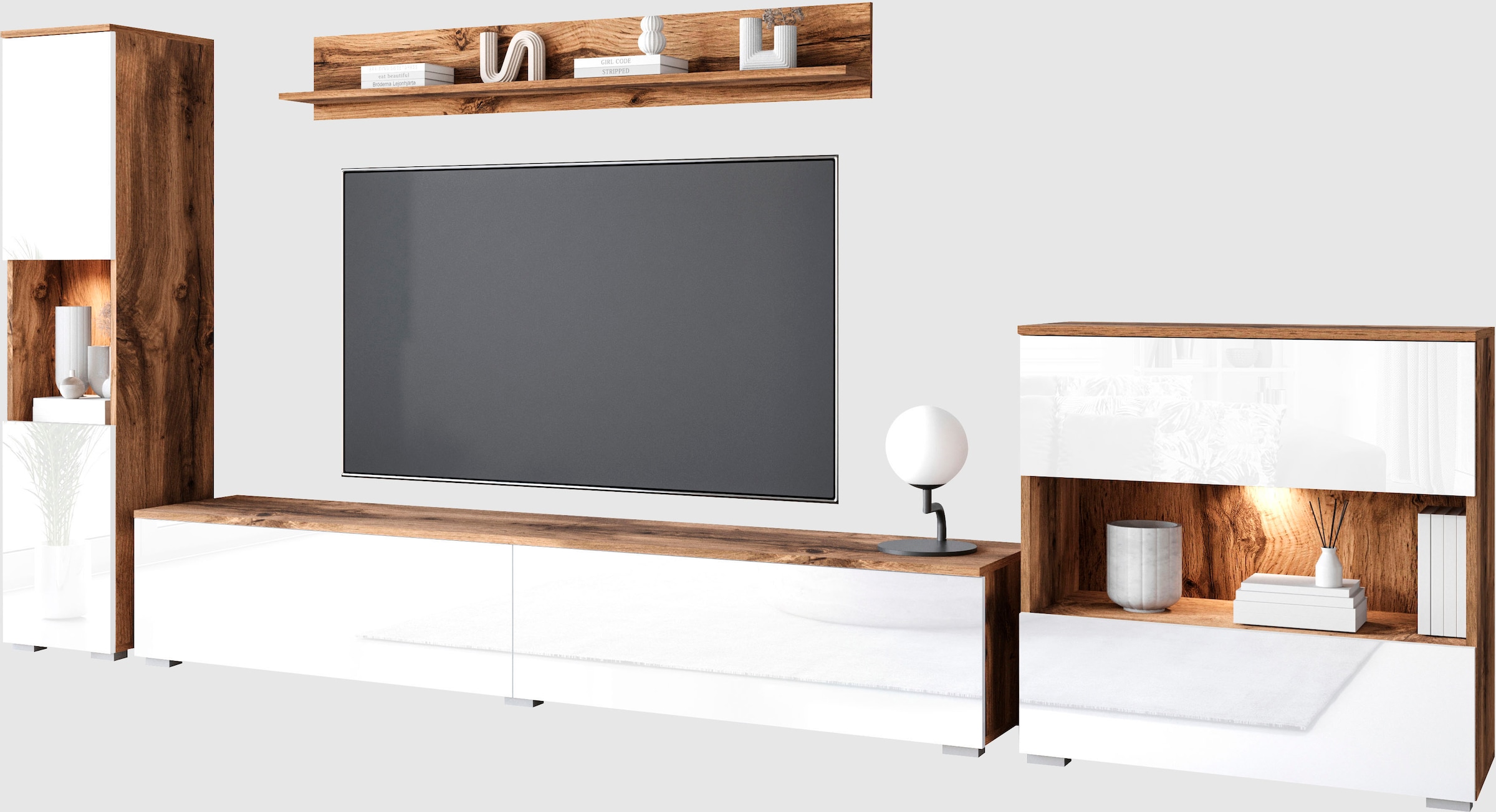 GOODproduct Wohnwand »PARIS, Vitrine Türanschlag links/rechts wechselbar« Komplett-Set, 4 Stk. tlg.