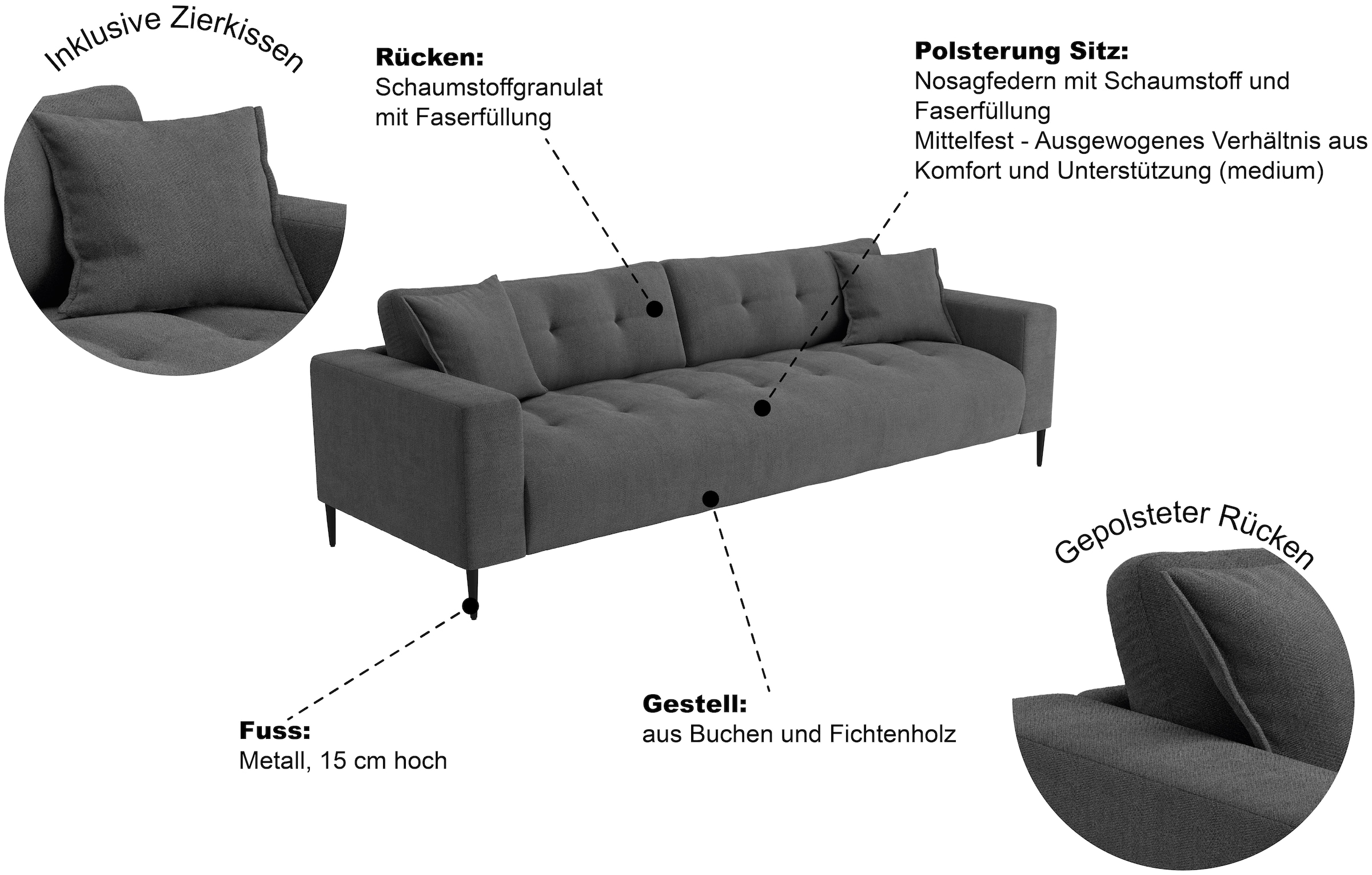 Trends by HG 3-places »Leo, Sofa / Couch mit bequemer Polsterung & Zierkissen« Sofa mit mittelfesten Sitzkomfort, edle Steppung & Metallfüsse