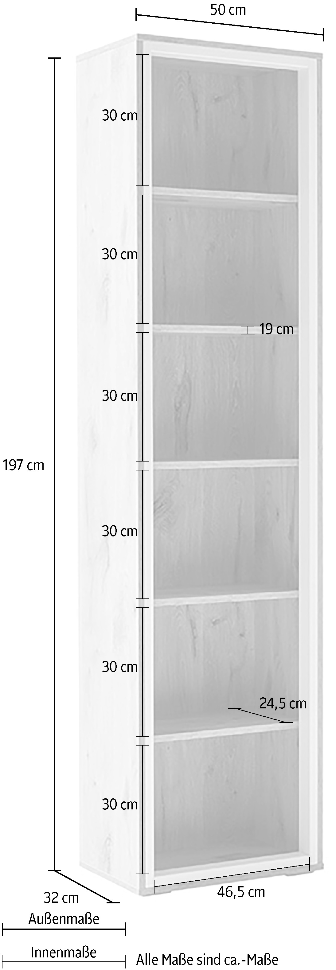 MCA furniture Vitrine »SANTERNO« 6 Fächer, Regal, Korpus Beleuchtungsrahmen Soft White, Höhe 197 cm