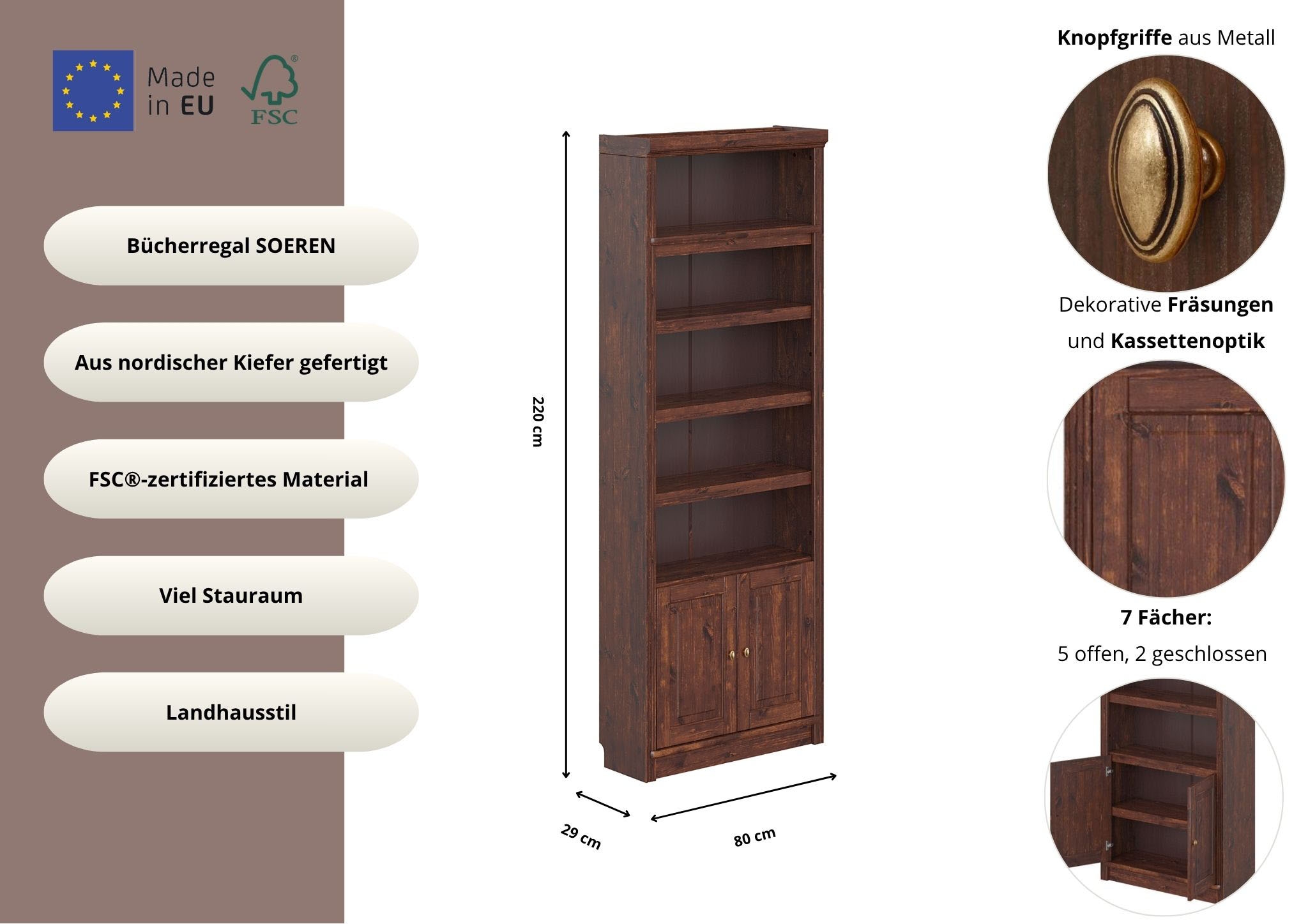 GOODproduct Étagère à livres »mit 2 Türen Soeren Regal Aktenregal B/T/H: 80/29/220 cm« pin massif, certifié FSC®