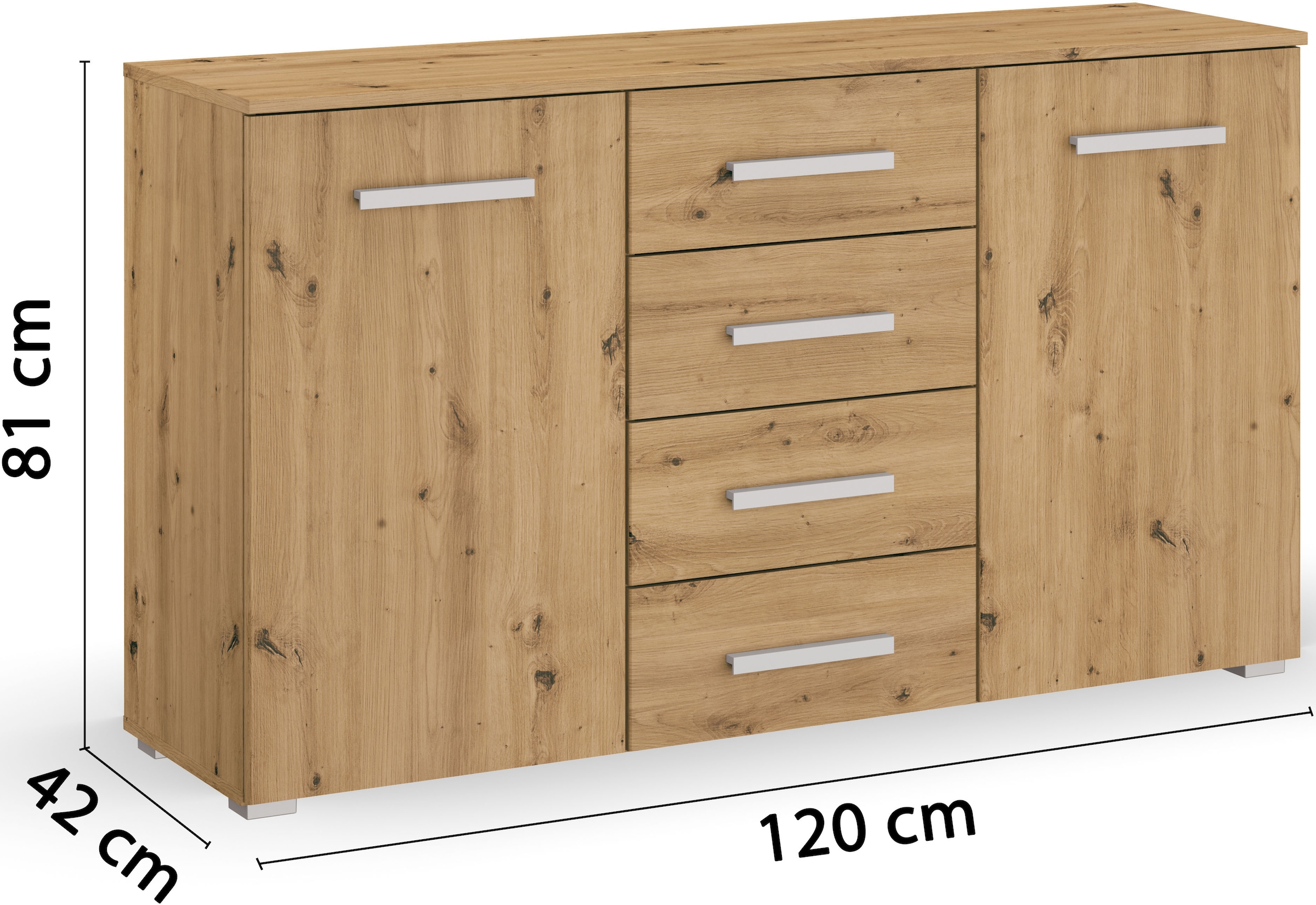 rauch Schubkastenkommode »Sideboard Kommode Kombikommode KOLUNA mit Dekorfront« Breite 120 cm mit moderner Dekorfront,  vier grosse Schubladen, mit insgesamt 4 Einlegeböden MADE IN GERMANY