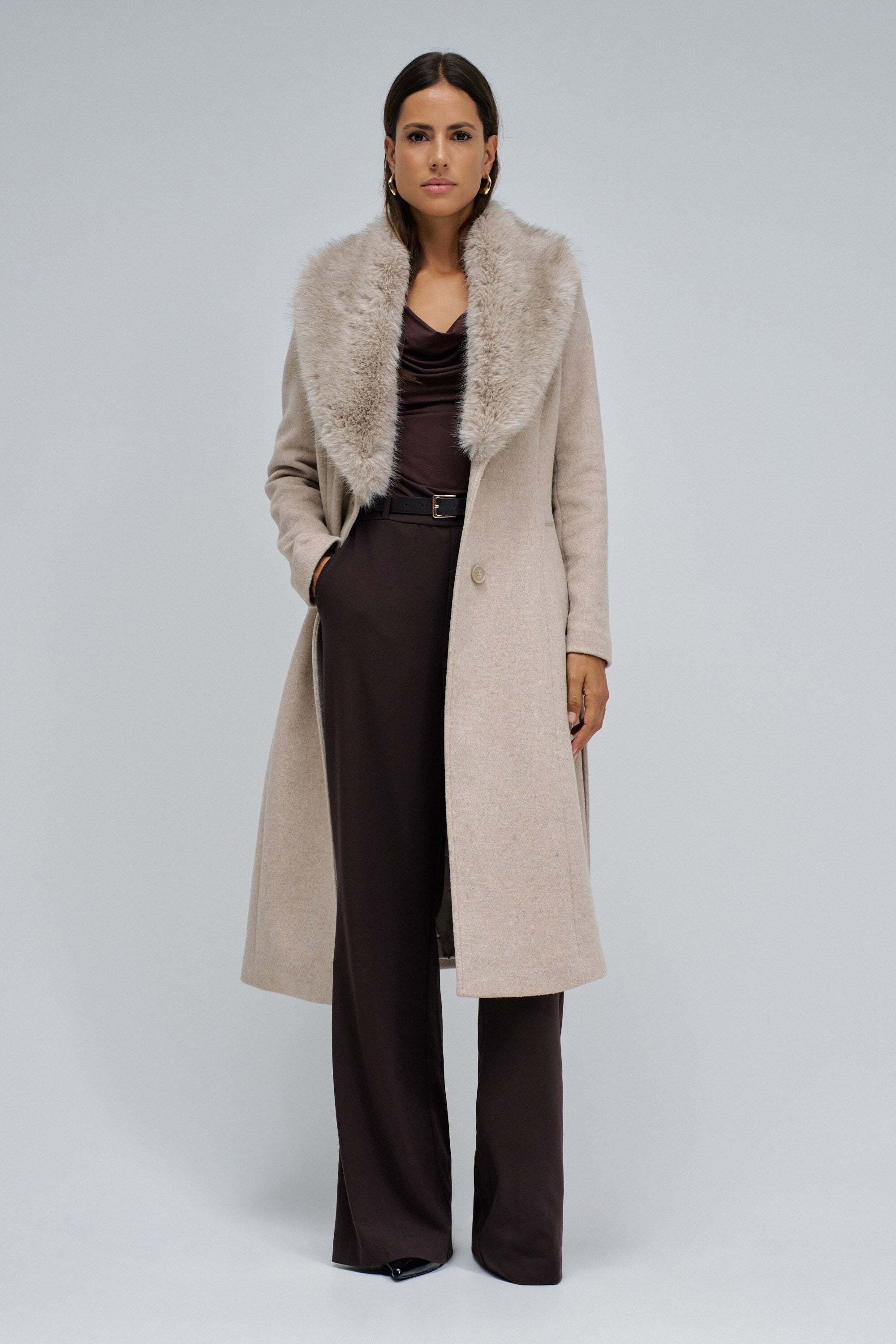 Salsa Wolljacke »Salsa Jeans Wollmantel Long Wool Coat Faux Fur Belt«