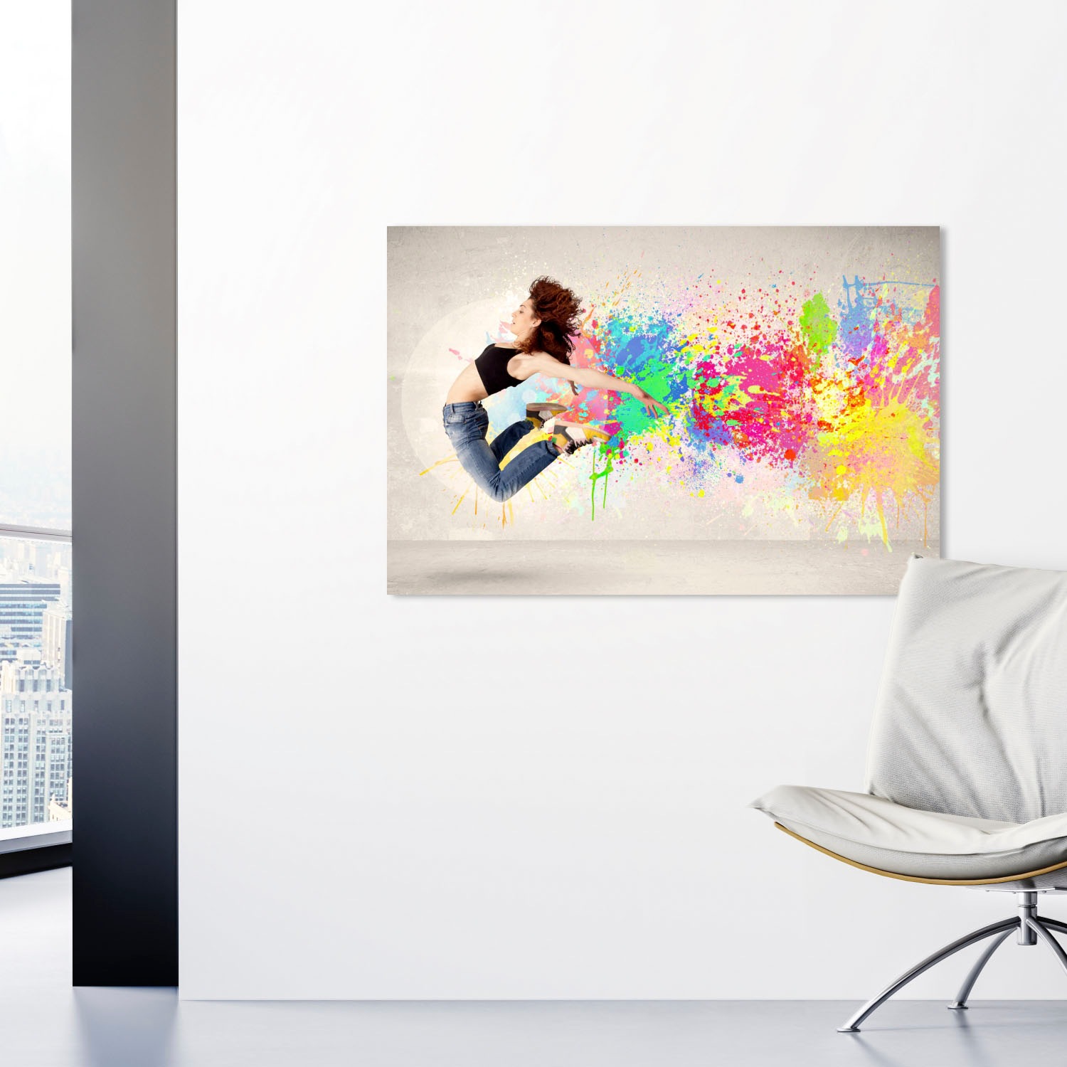 queence Tableau en verre acrylique »springende Frau« Abstrait | Art | Danse | Femme | Graffiti impression Fine Art de qualité galerie