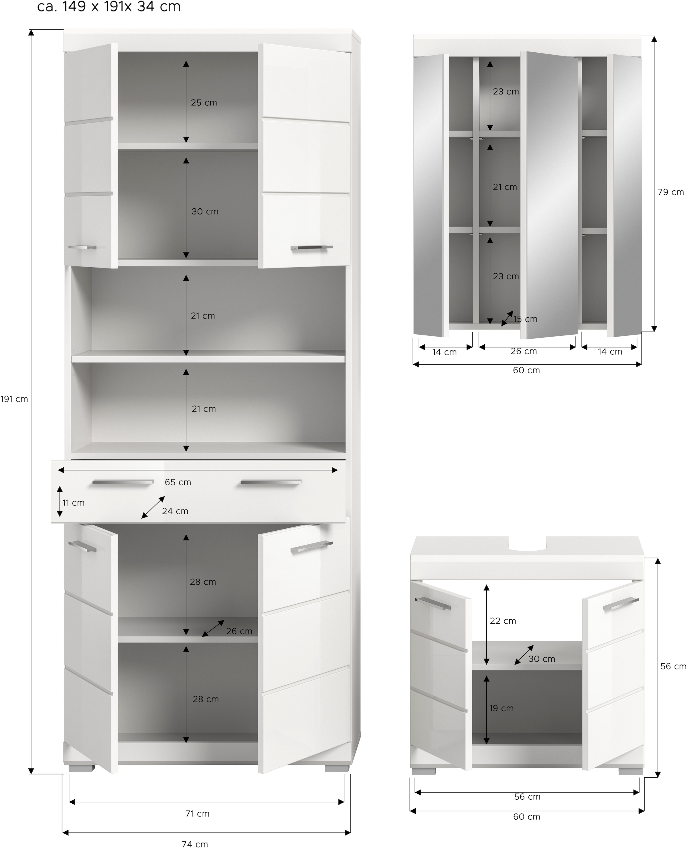 welltime Ensemble de meubles de salle de bain »SIENA, TOPSELLER!, Breite 149cm, 3-teiliges Set« Ensemble, composé de : armoire haute, meuble sous lavabo et armoire miroir, 3 cuis tlg.