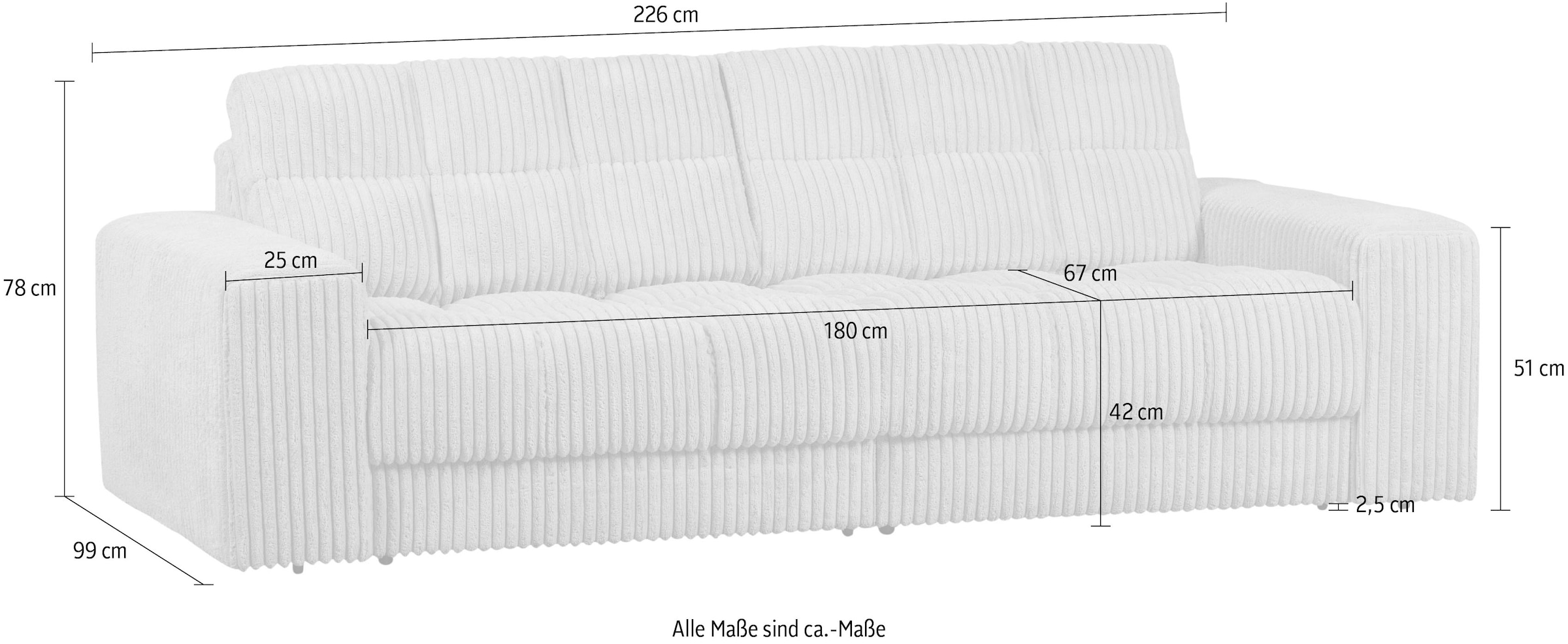 WOOOD 2-places »Second Date Rippenstoff, H 78 x B 226 x D 99 cm« capacité de charge 200 kg, très haute résistance à l'usure, nettoyage obligatoire