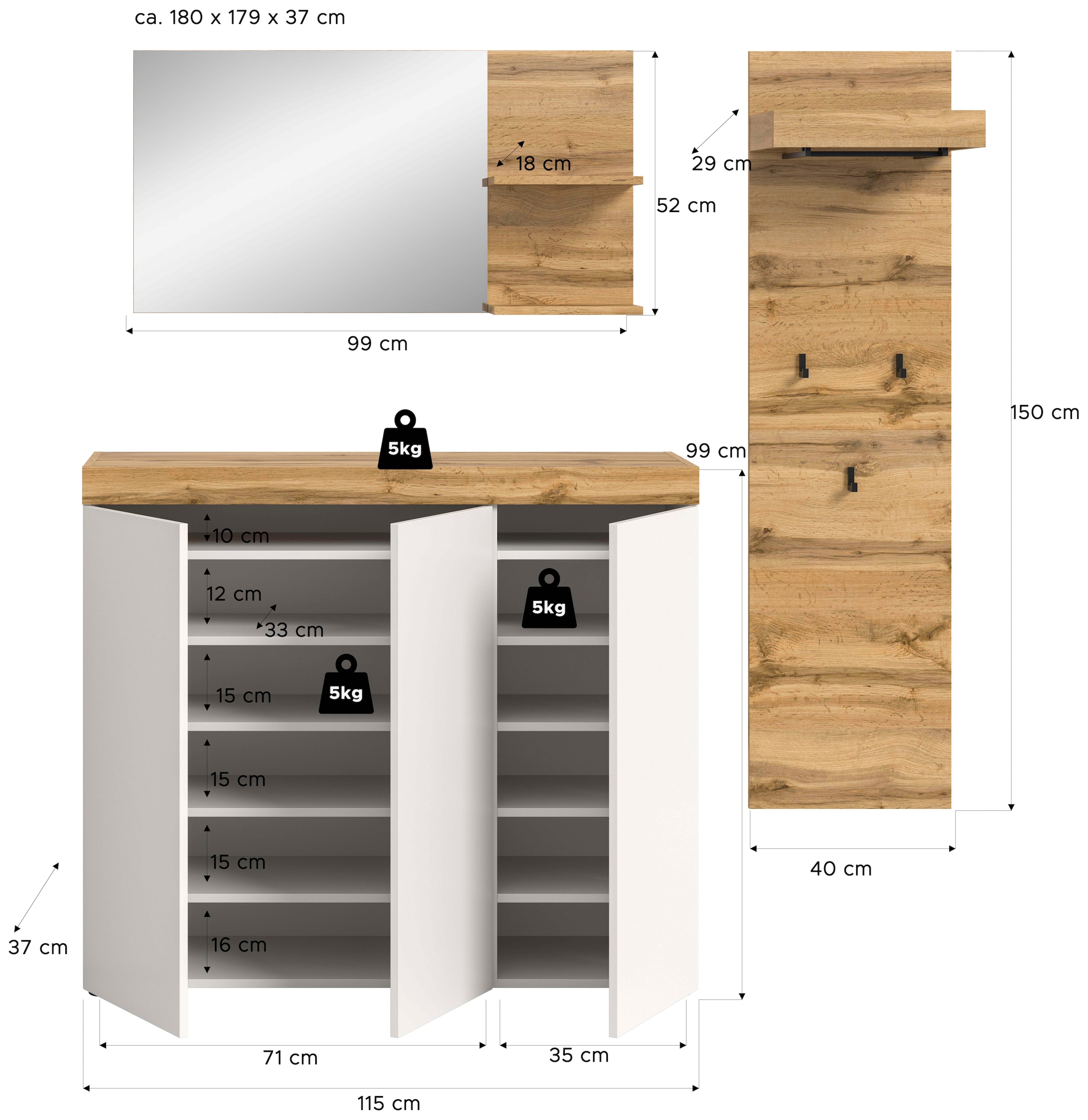 GOODproduct Garderoben-Set »MAMBO, 3-teilige Kombination, stehend & hängend montierbar« bestehend aus: Kommode, Spiegel, Garderobenpaneel, 3 Stk. tlg.