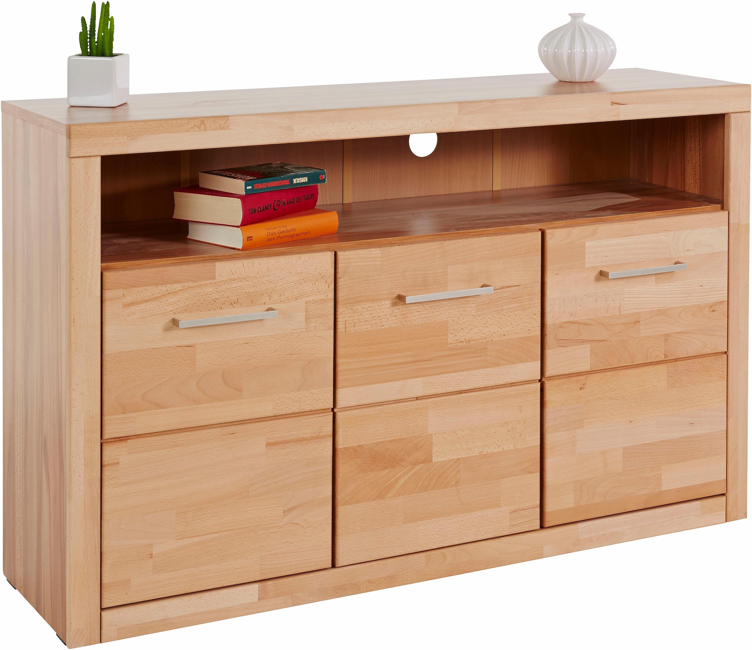 GOODproduct Sideboard »Ribe,130cm breit, Fronten Massivholz,7 Fächer« Holz massiv, Holzwerkstoff, Metall Griffe,3 Türen
