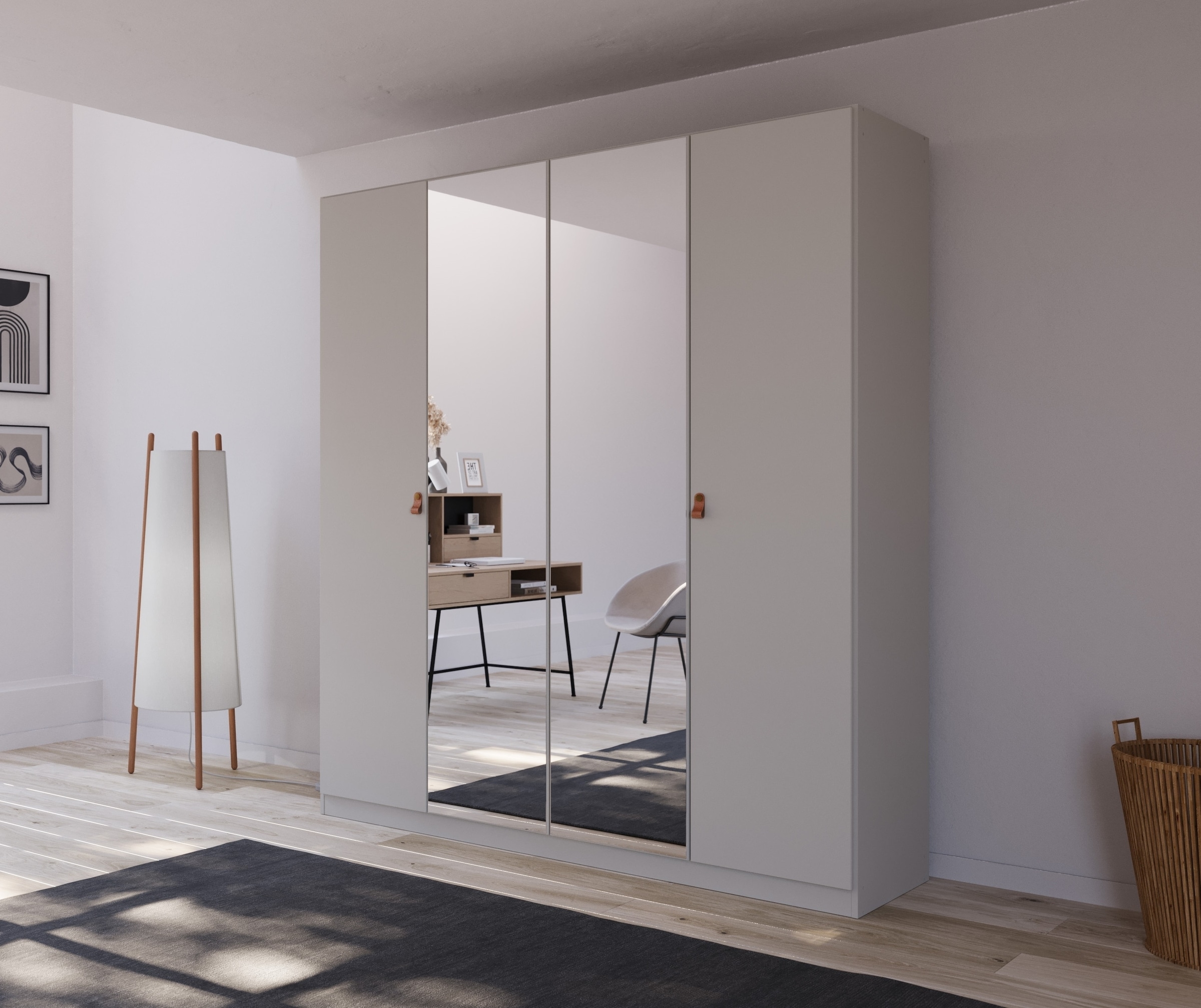 rauch Drehtürenschrank »Kleiderschrank Schrank Garderobe Ankleide HOMEY BY QUADRA SPIN« Breiten: 181/226/271 cm, Höhe 210 cm,  mit Grifflaschen aus weichem, cognacbraunem Leder, mit Spiegel