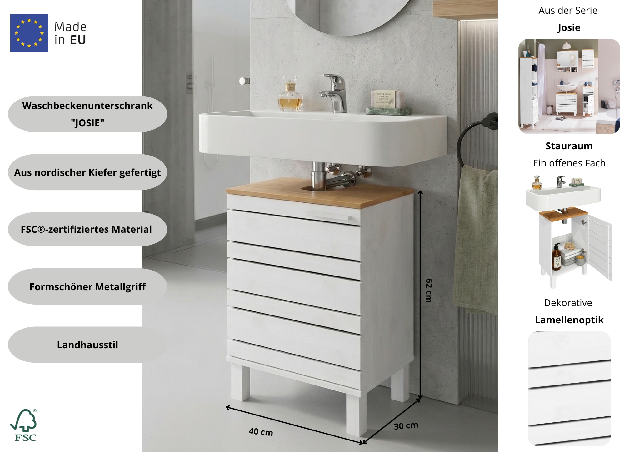 Home affaire Armoire sous lavabo »JOSIE« Breite 40 cm, aus Massivholz, Metallgriff, 1 Tür