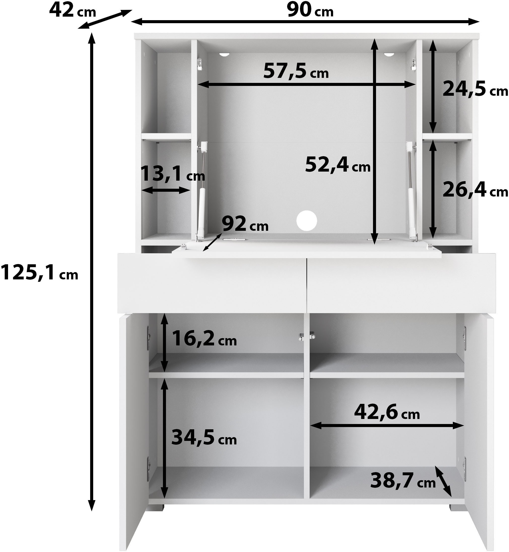 GOODproduct Secrétaire »Paris, Moderner PC-Schrank mit klappbarer Arbeitsfläche« 1 cuis tlg. 2 tiroirs, push-to-open et étagères réglables, largeur 90 cm