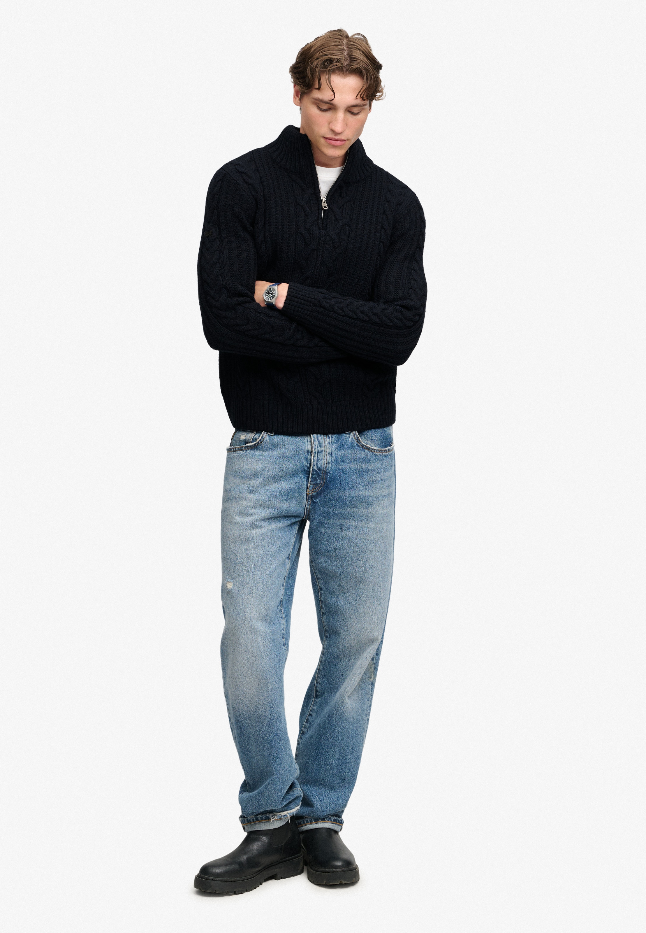 Superdry Strickpullover »JACOB CABLE HALF ZIP KNIT« Materialmix, slim fit
